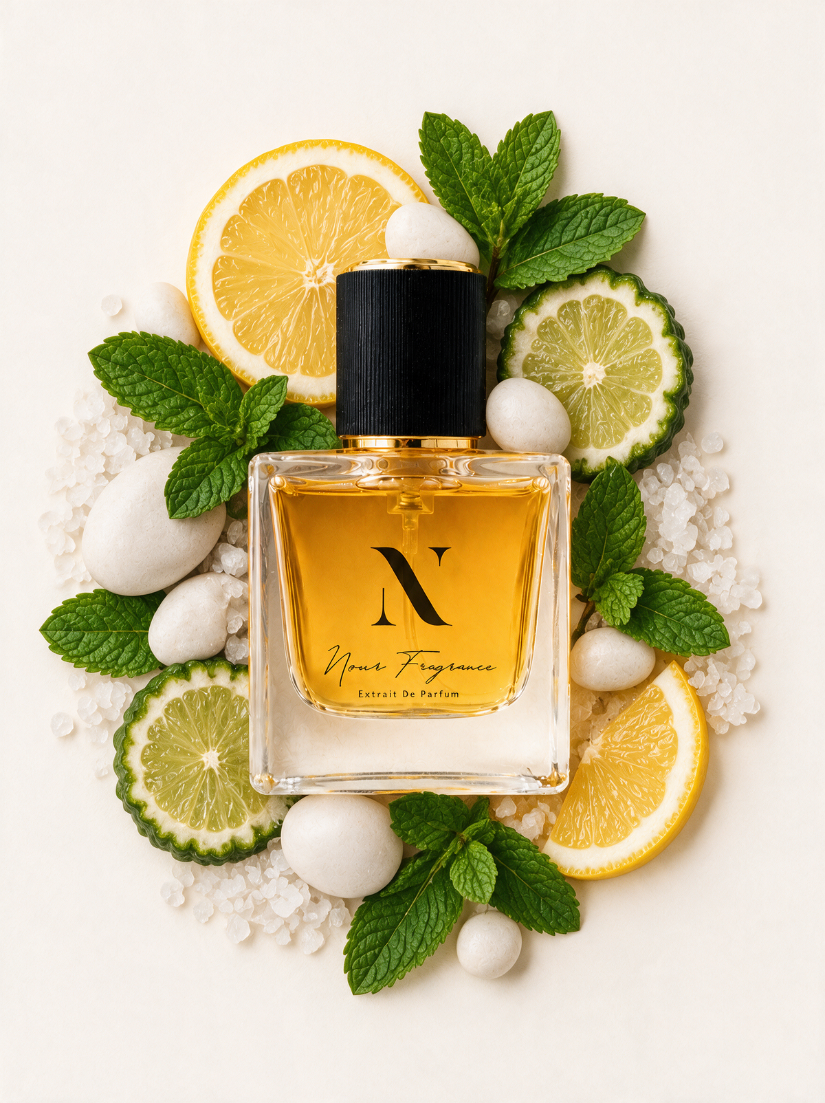 40KNO 01 Extrait de Parfum Flatlay mit Zitrone, Minze und Meersalz