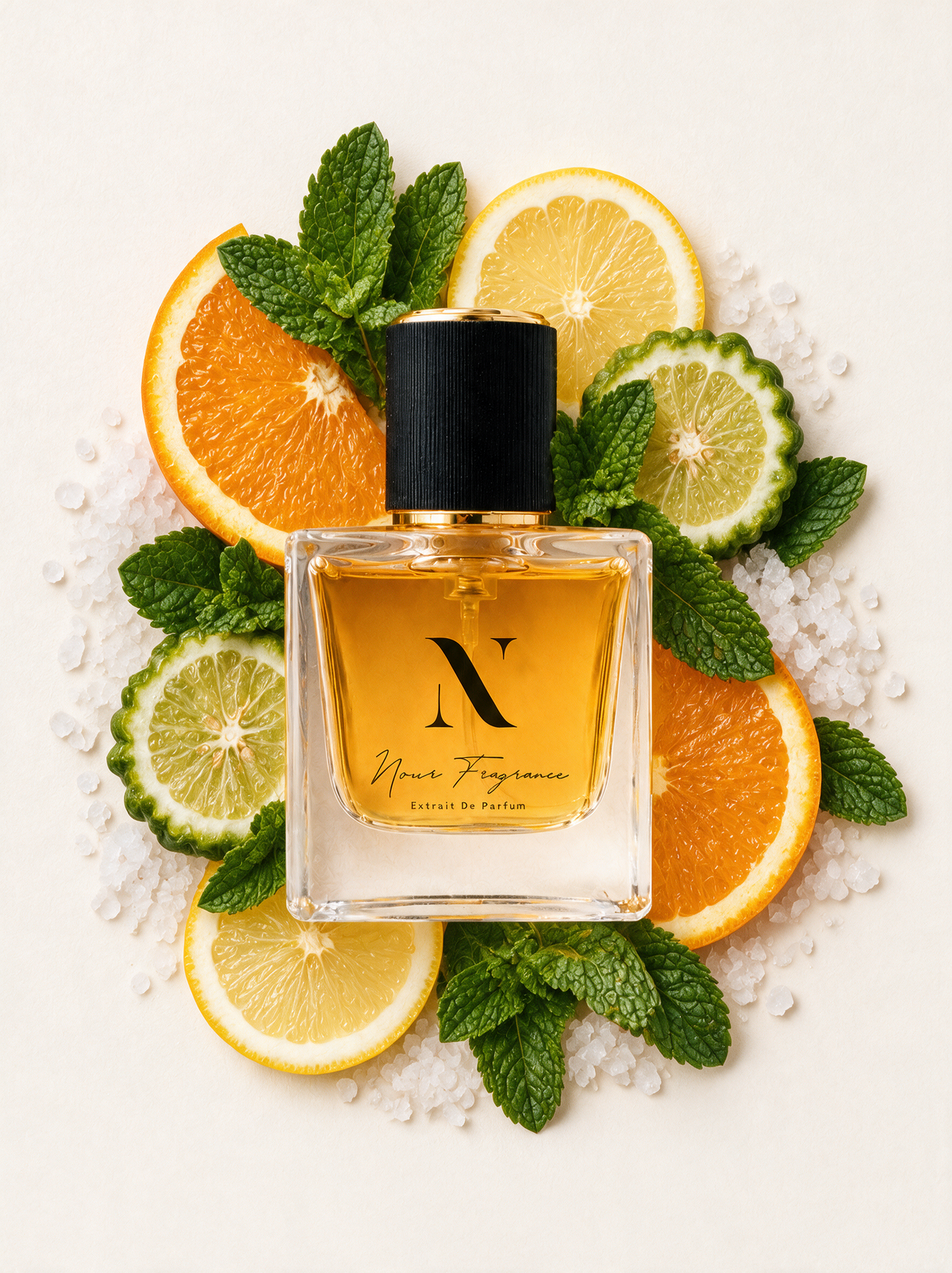 After 01 Extrait de Parfum Flatlay mit Orange, Zitrone und Minze