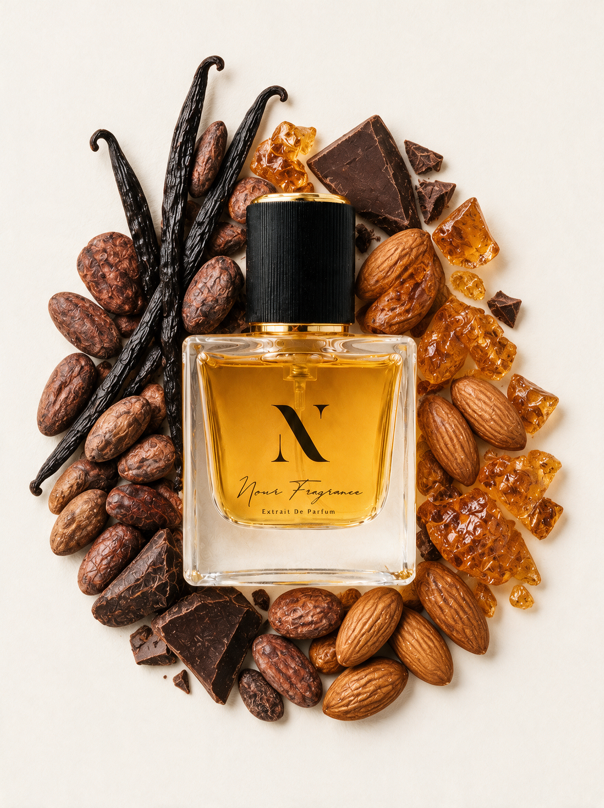 Al'Chocola Extrait de Parfum Flatlay mit Vanille, Kakao und Mandeln