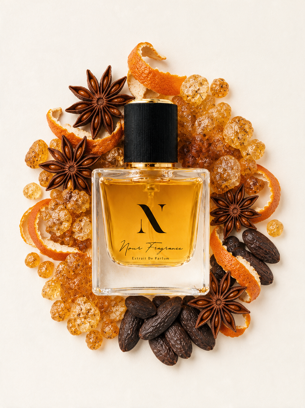 Al'Bassador Extrait de Parfum Flatlay mit Amber, Tonka und Sternanis