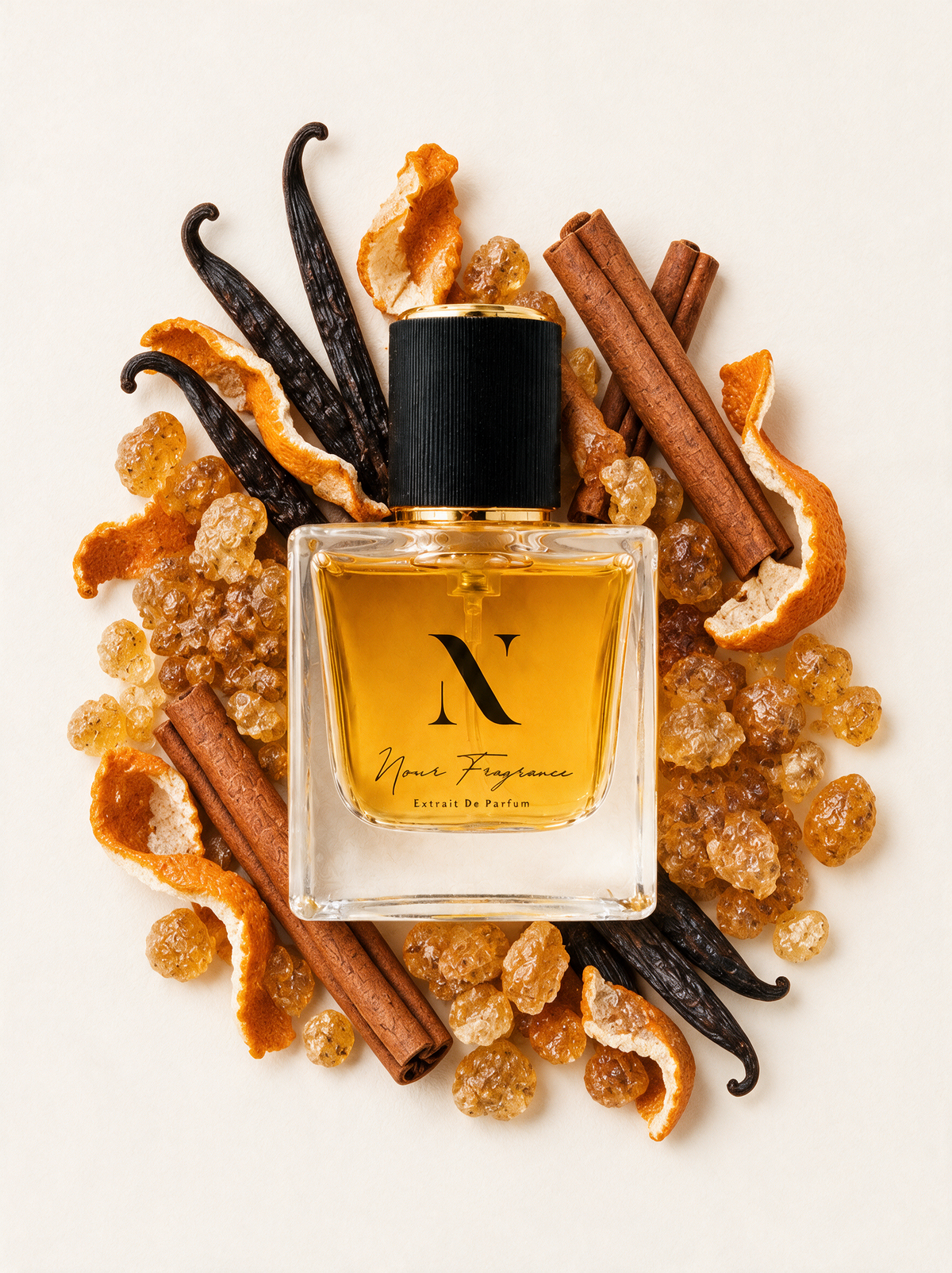 Black 01 Extrait de Parfum Flatlay mit Amber, Vanille und Zimt