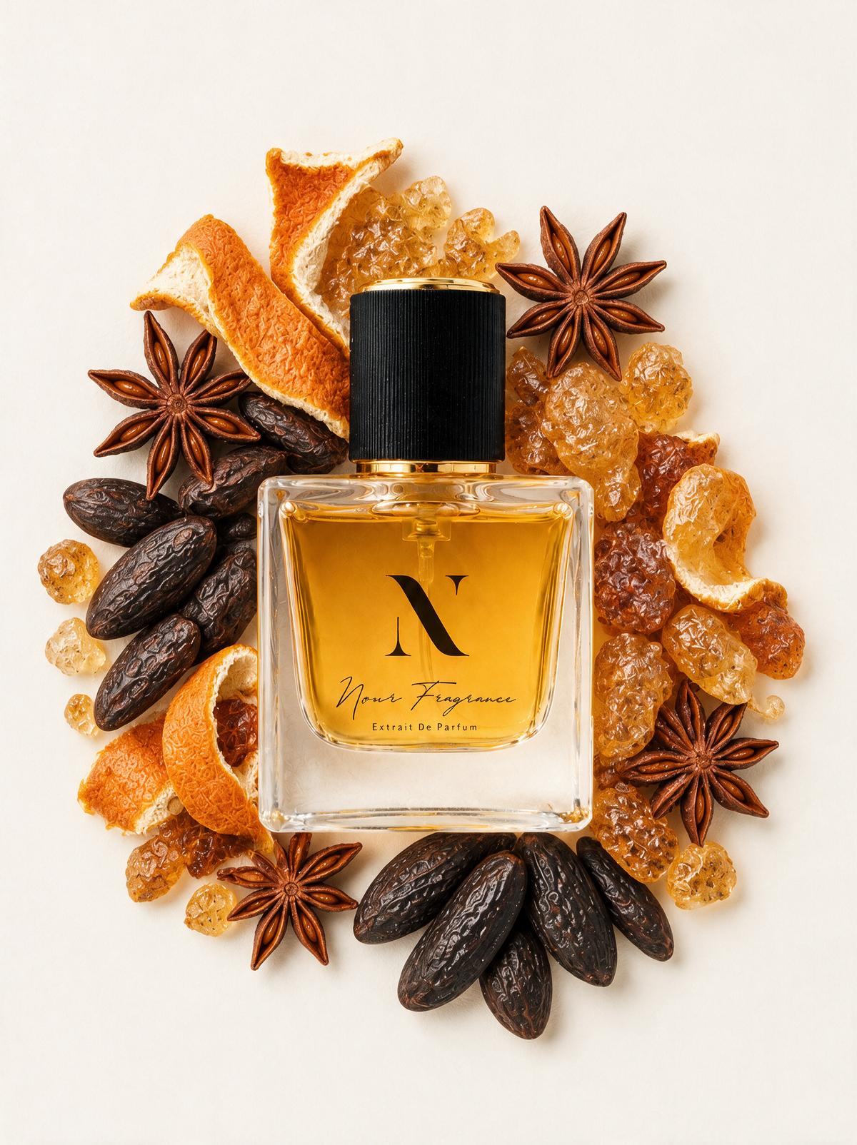 Alaylat 1 Extrait de Parfum Flatlay mit Amber, Tonka und Sternanis
