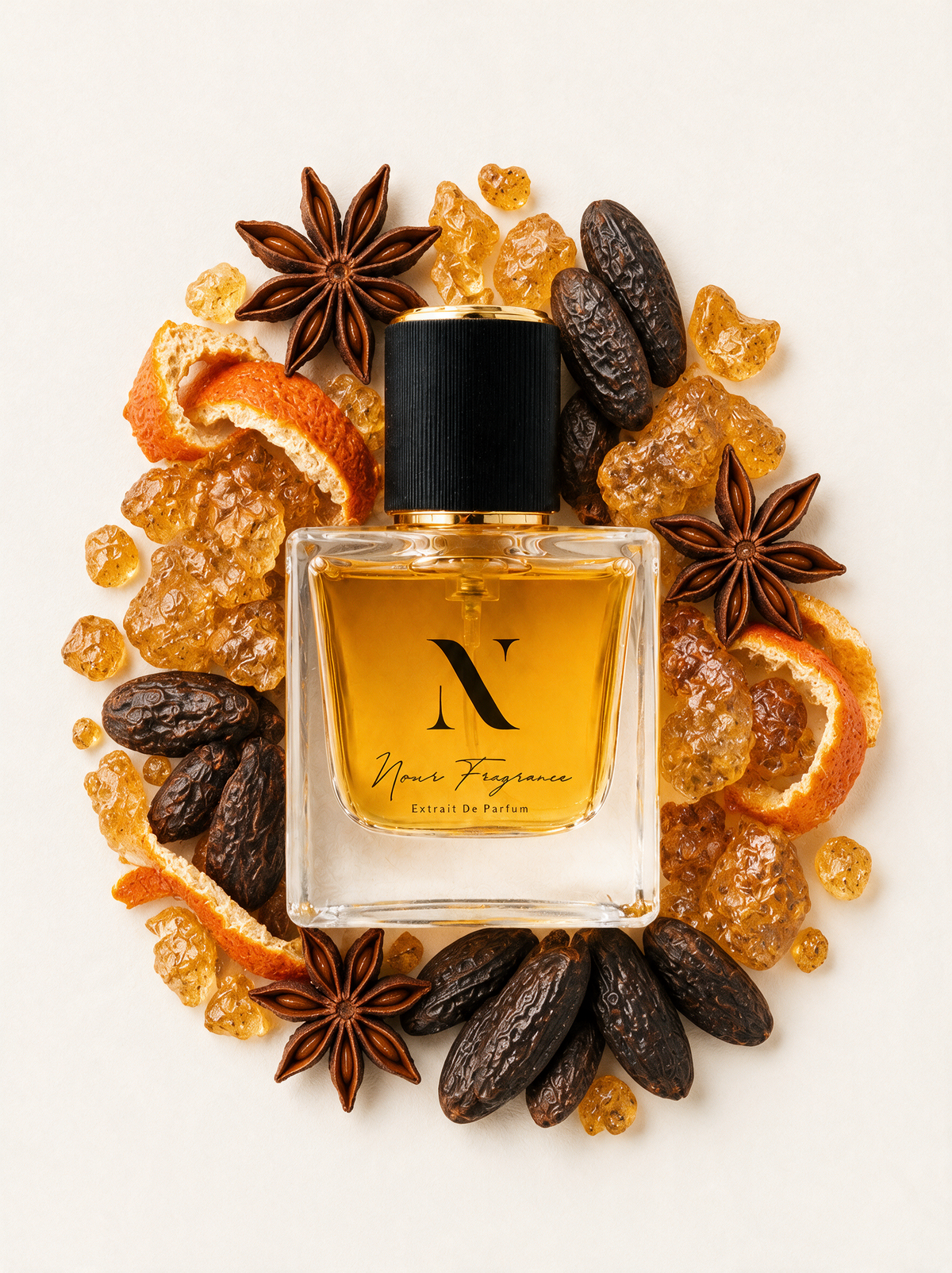Alex 303 Extrait de Parfum Flatlay mit Amber, Tonka und Sternanis