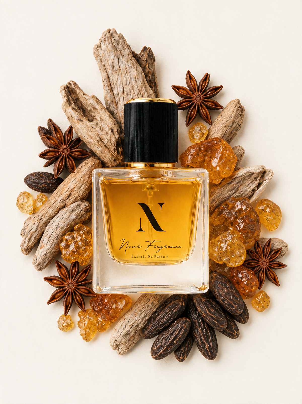 Bacca 03 Extrait de Parfum Flatlay mit Holz, Amber und Tonka