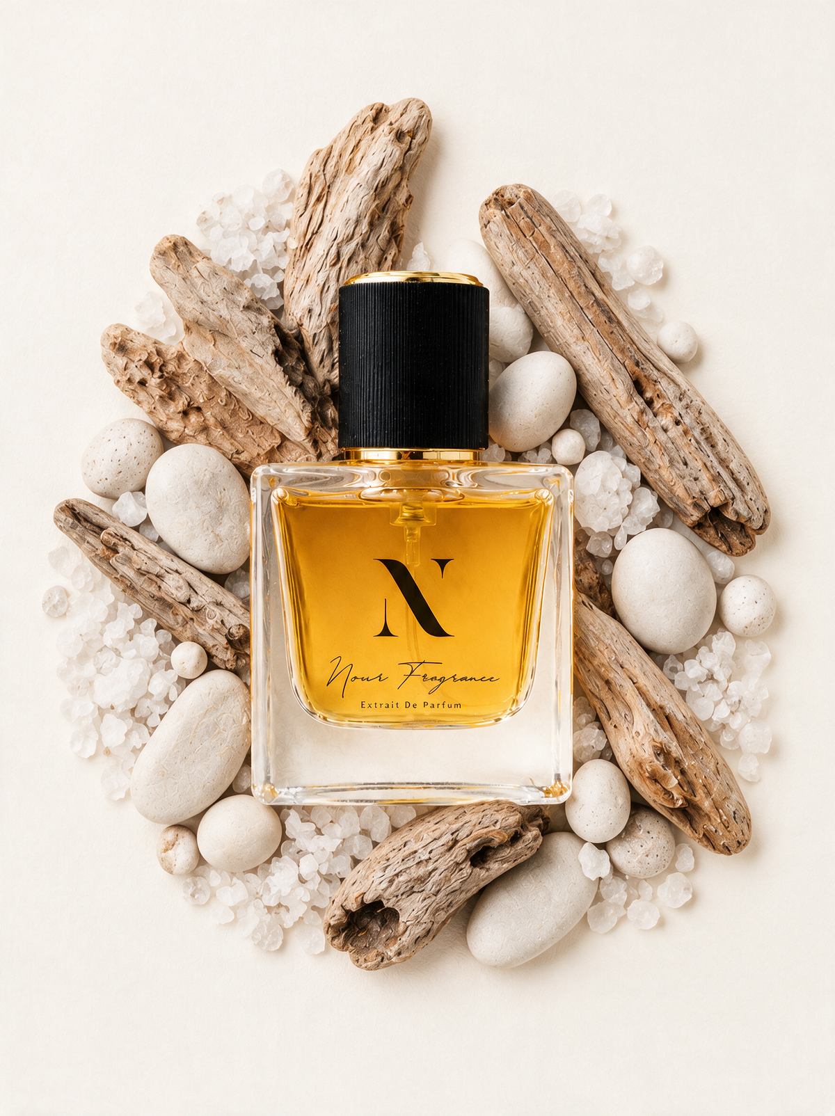 Aquatheceo 01 Extrait de Parfum Flatlay mit Holz, Meersalz und Kiesel