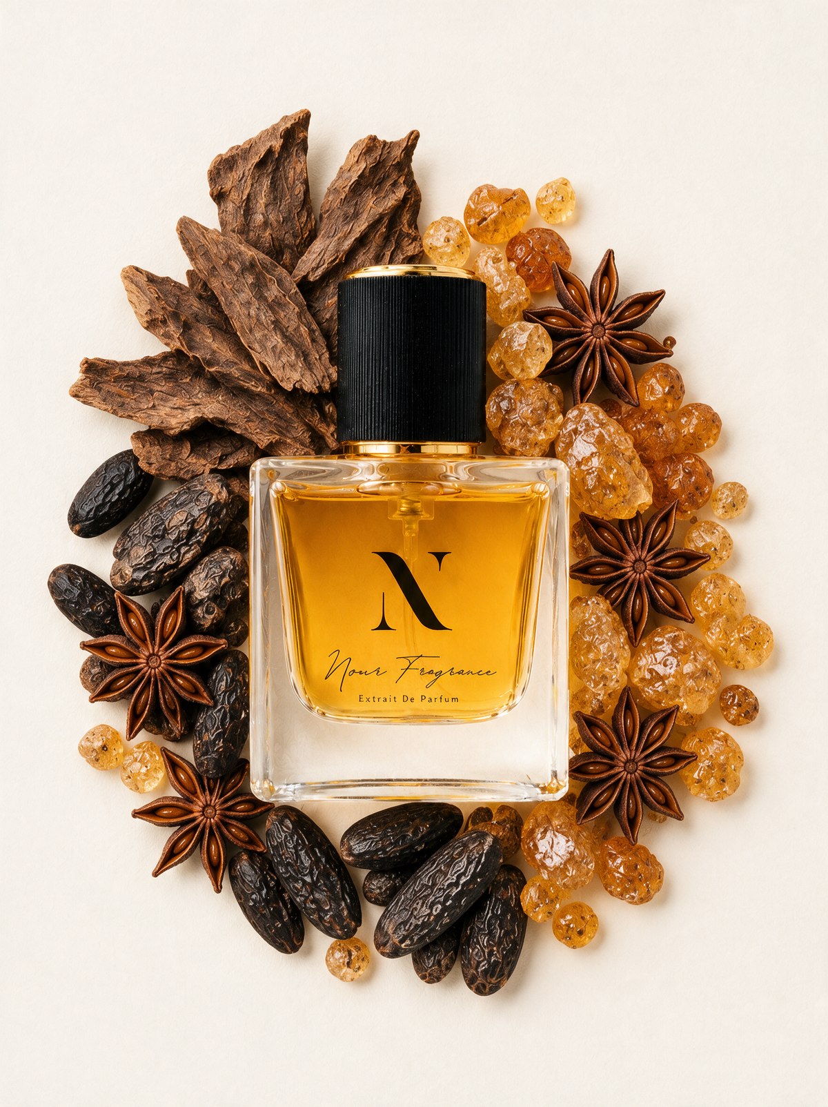 Arabi 01 Extrait de Parfum Flatlay mit Tonka, Oud und Amber