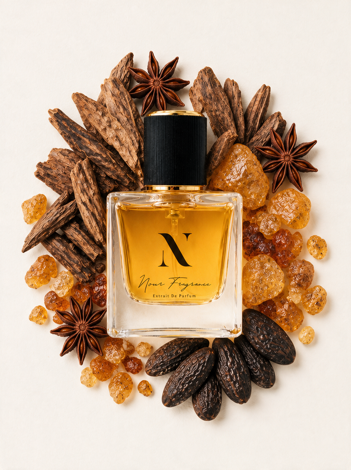 Alex 202 Extrait de Parfum Flatlay mit Oud, Amber und Tonka