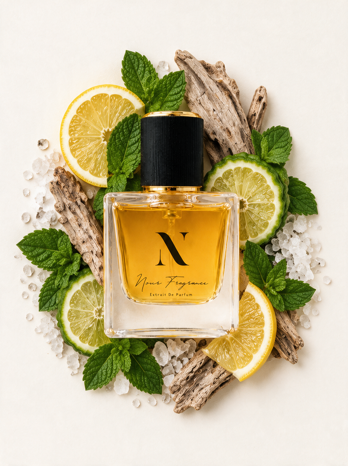 Chebleu 01 Extrait de Parfum Flatlay mit Holz, Zitrone und Minze