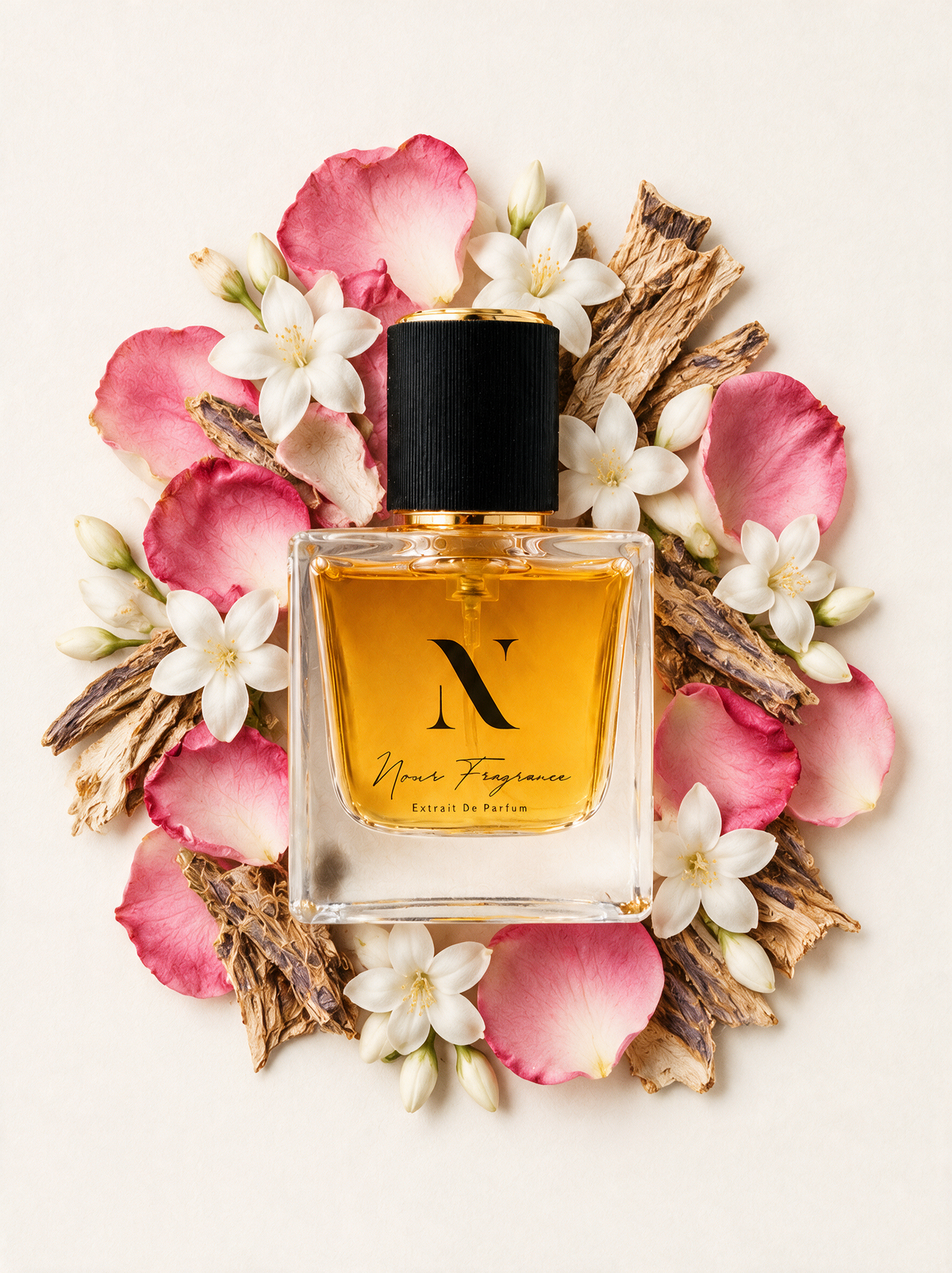 Chechanc 03 Extrait de Parfum Flatlay mit Rose, Jasmin und Iris