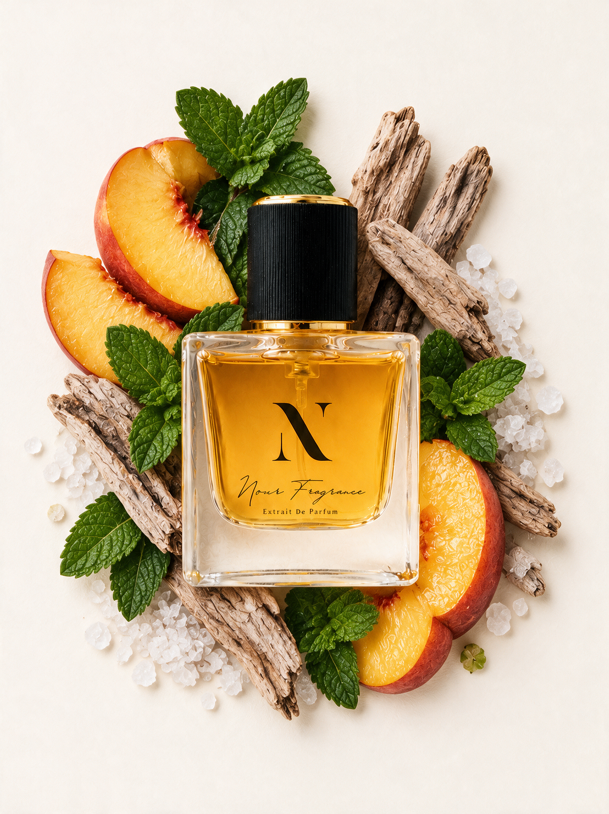 Exfleur 02 Extrait de Parfum Flatlay mit Pfirsich, Holz und Minze