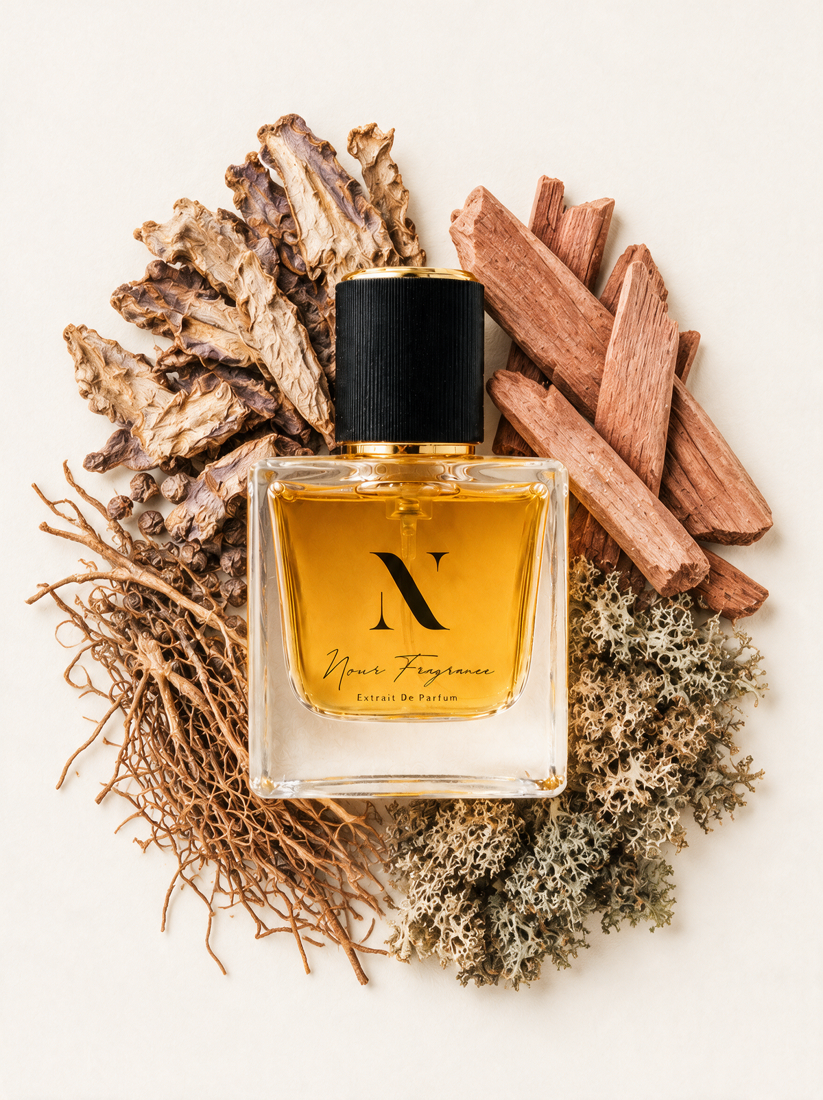 Homme 01 Extrait de Parfum Flatlay mit Iris, Zedernholz und Vetiver