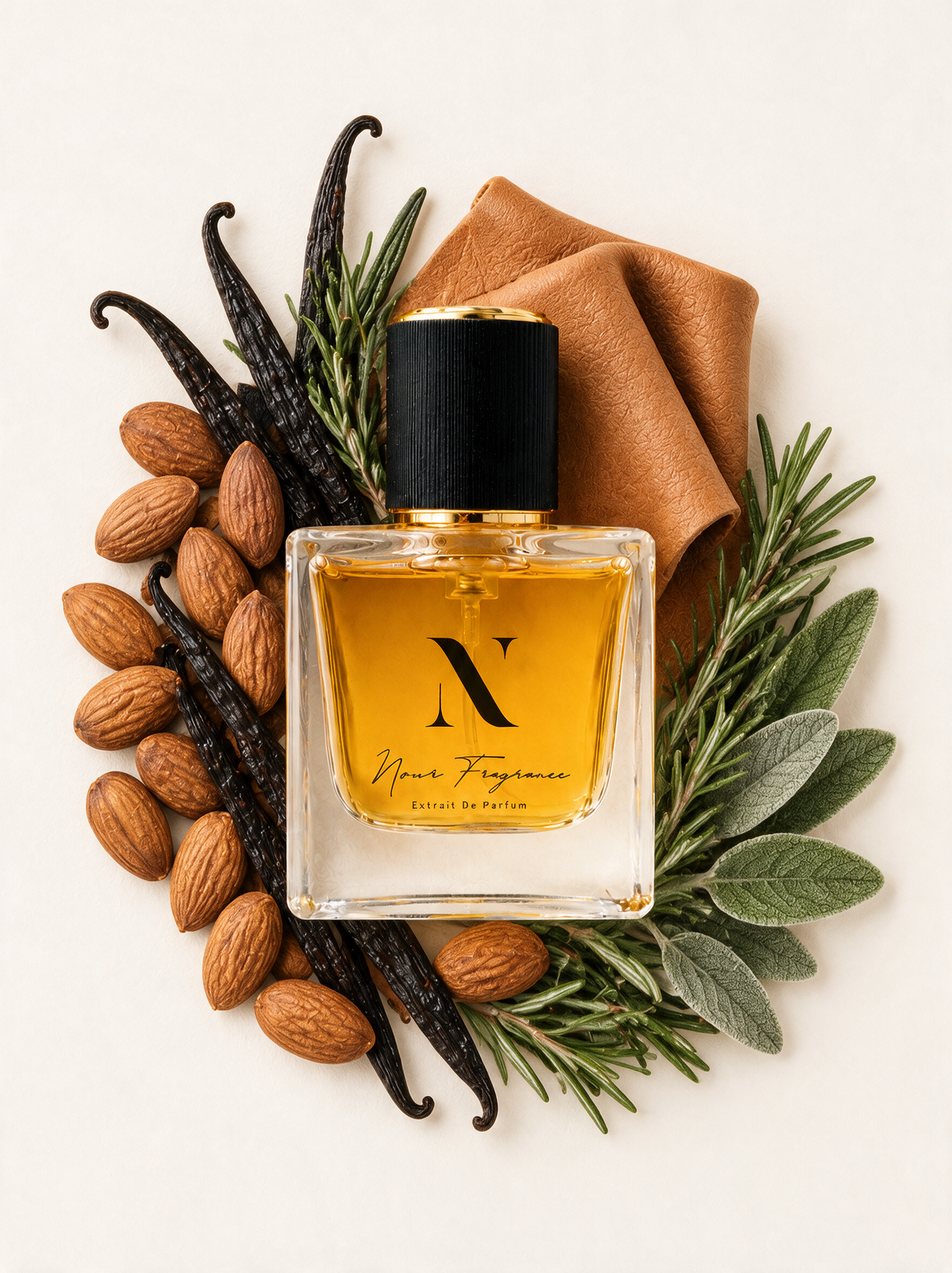 Fabul 01 Extrait de Parfum Flatlay mit Vanille, Mandeln und Salbei