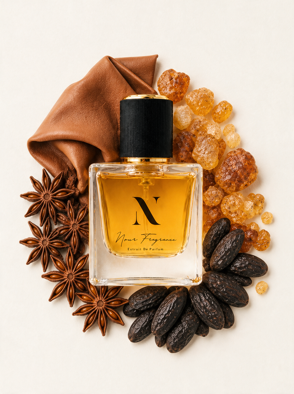 Gueluga Extrait de Parfum Flatlay mit Leder, Amber und Tonka