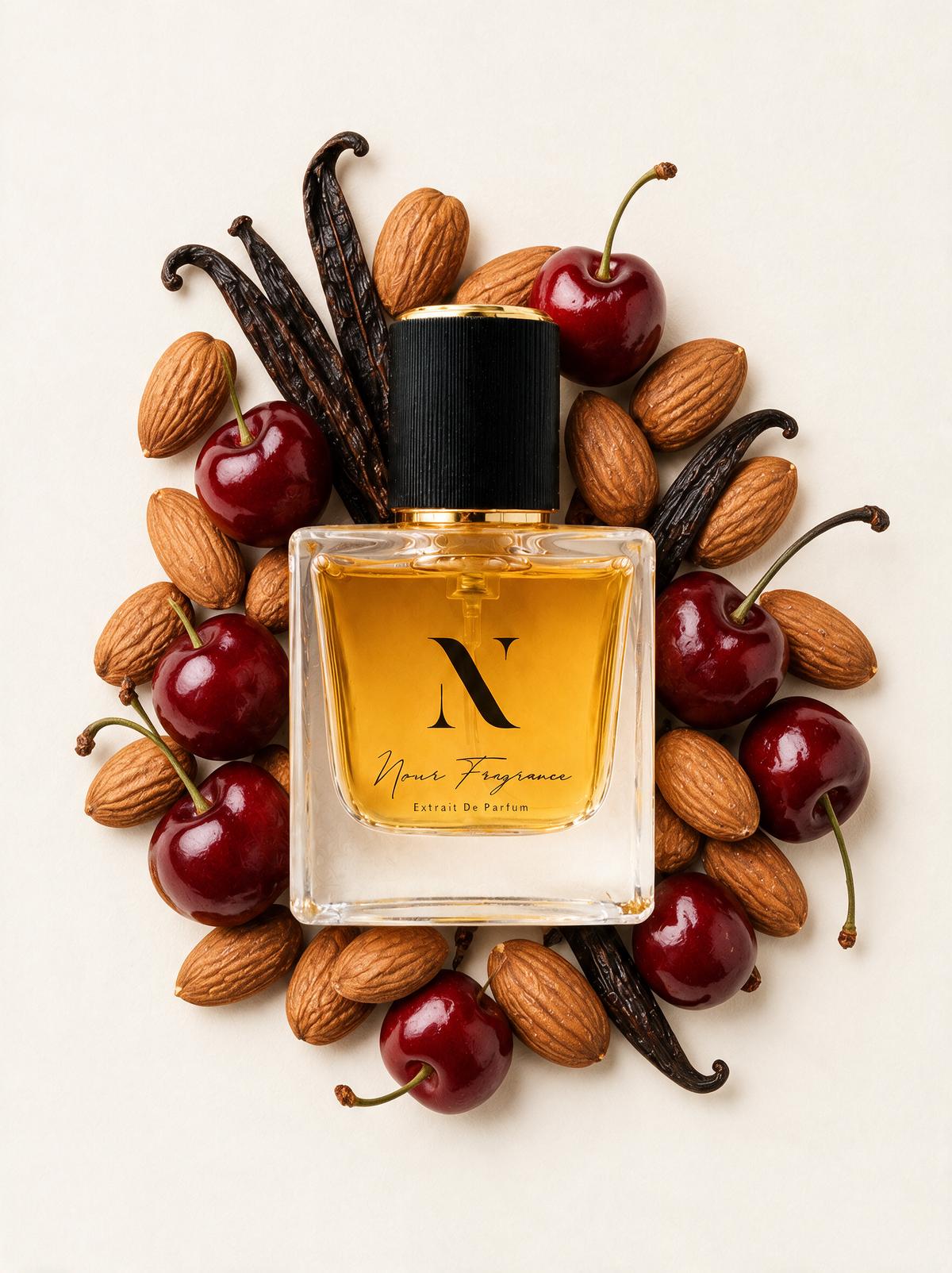 Findcherry 02 Extrait de Parfum Flatlay mit Vanille, Mandeln und Kirsche