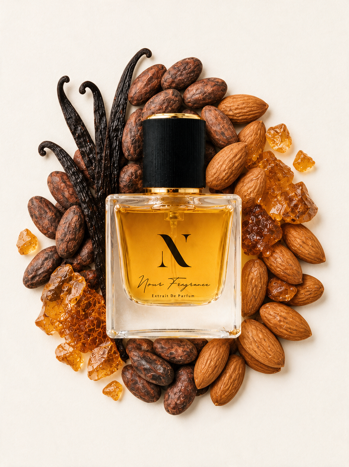 Flora 01 Extrait de Parfum Flatlay mit Vanille, Kakao und Karamell