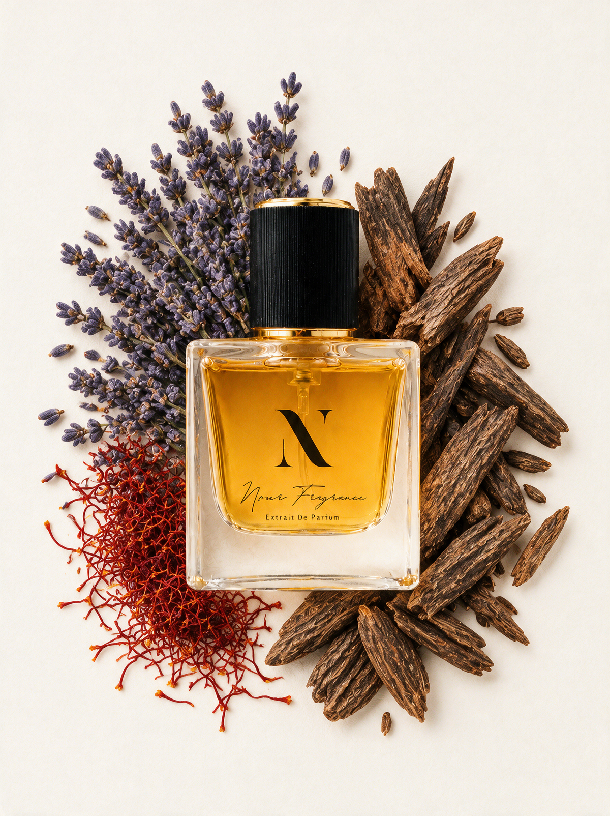 Great 03 Extrait de Parfum Flatlay mit Safran, Lavendel und Oud