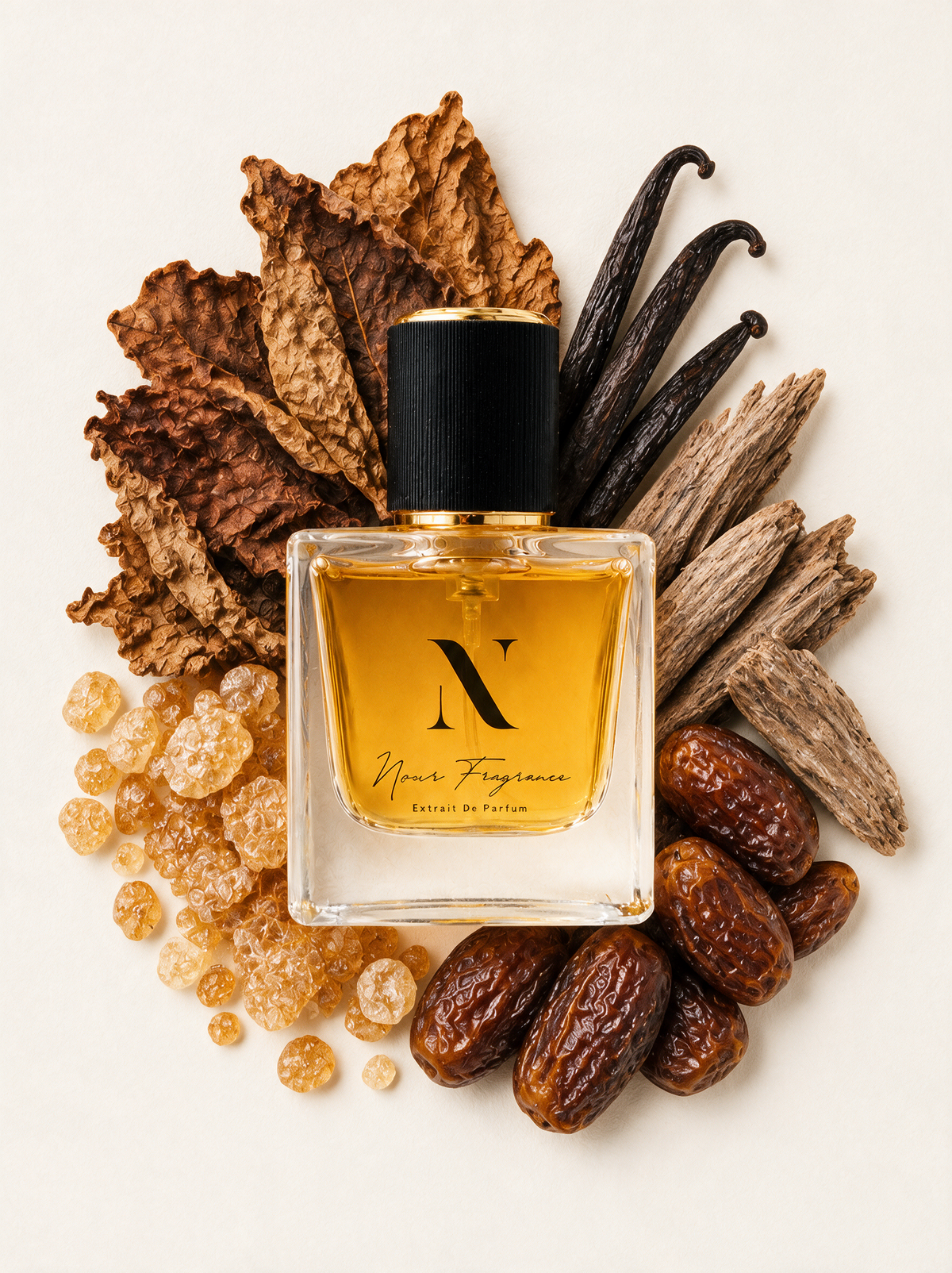 Jazzc 02 Extrait de Parfum Flatlay mit Tabak, Vanille und Holz