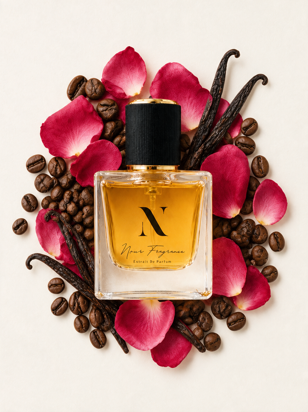 Inten 03 Extrait de Parfum Flatlay mit Vanille, Kaffee und Rose