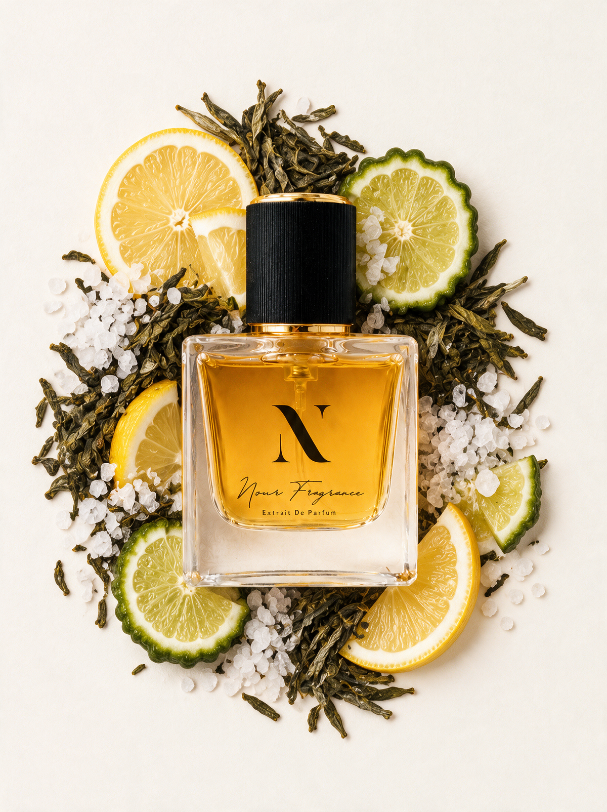 Imagi 03 Extrait de Parfum Flatlay mit Tee, Zitrone und Meersalz