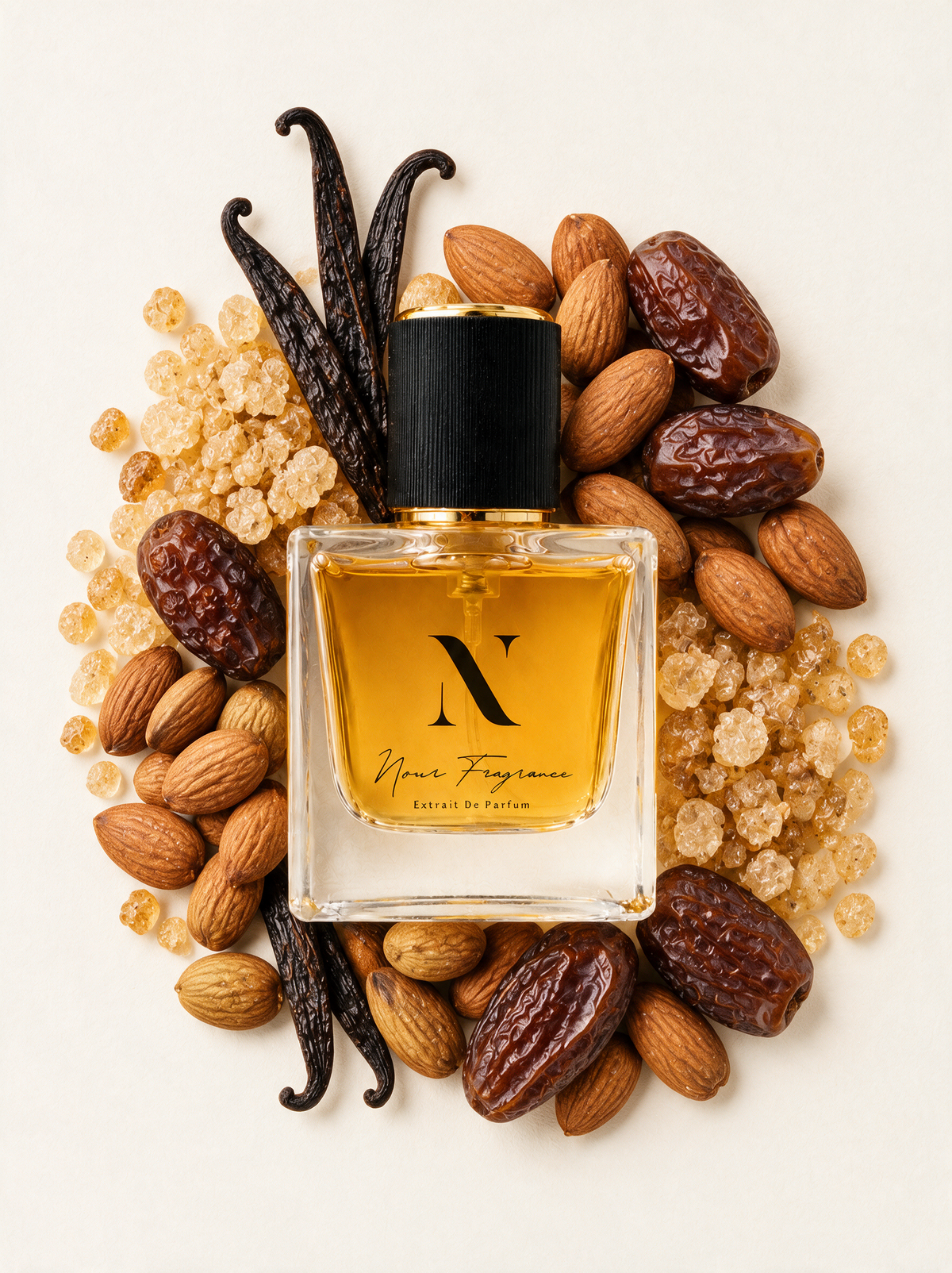 Kilangel 02 Extrait de Parfum Flatlay mit Vanille, Mandeln und Datteln