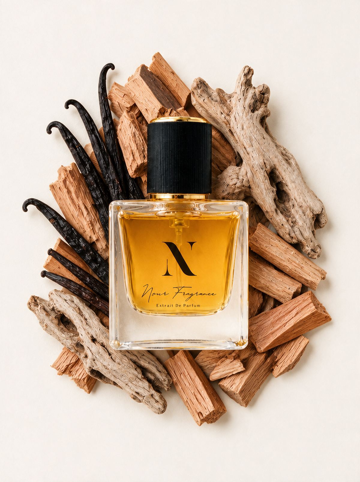 Isher 1 Extrait de Parfum Flatlay mit Vanille, Sandelholz und Holz