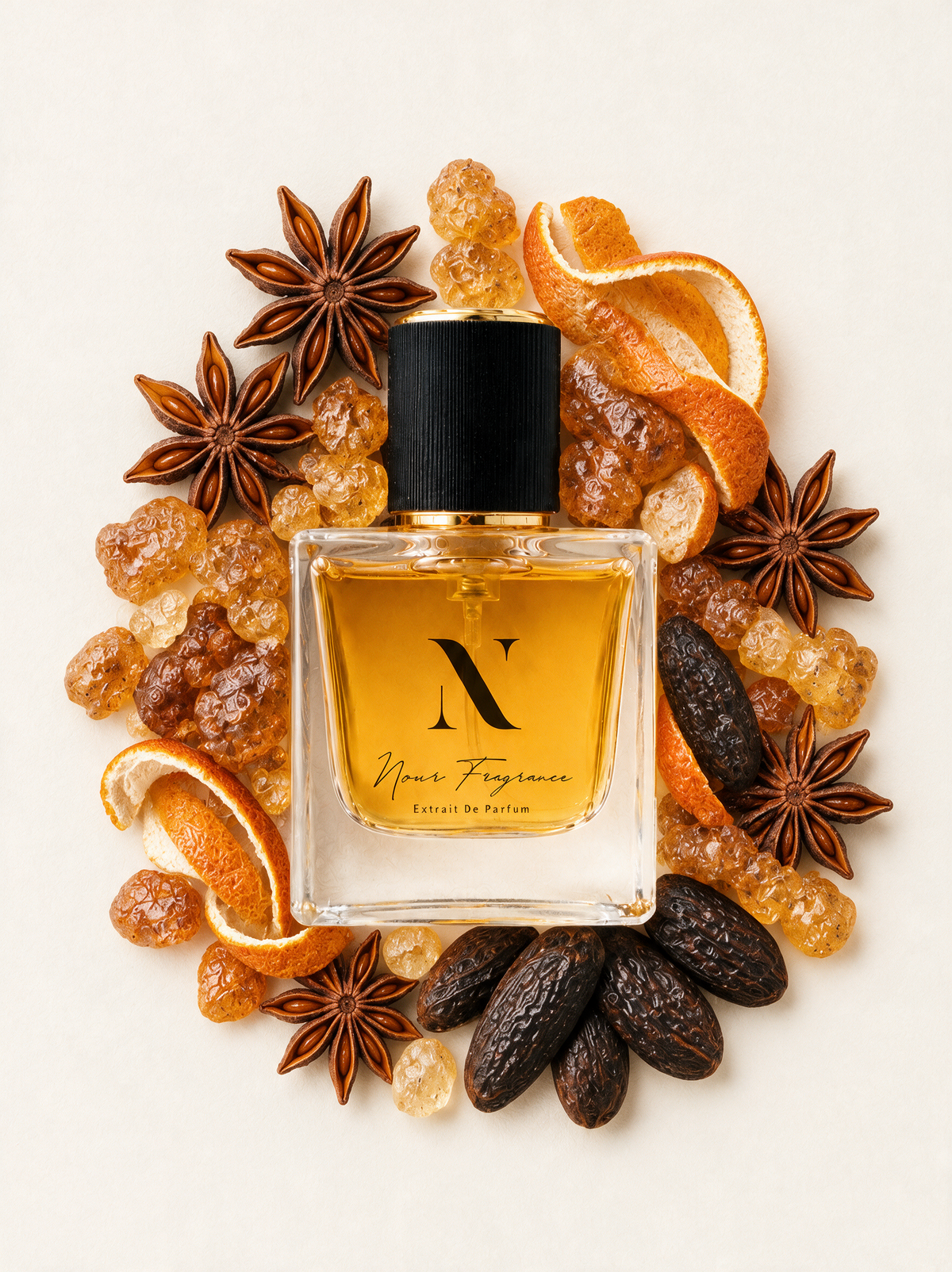 Eros Pfeil Extrait de Parfum Flatlay mit Amber, Tonka und Sternanis
