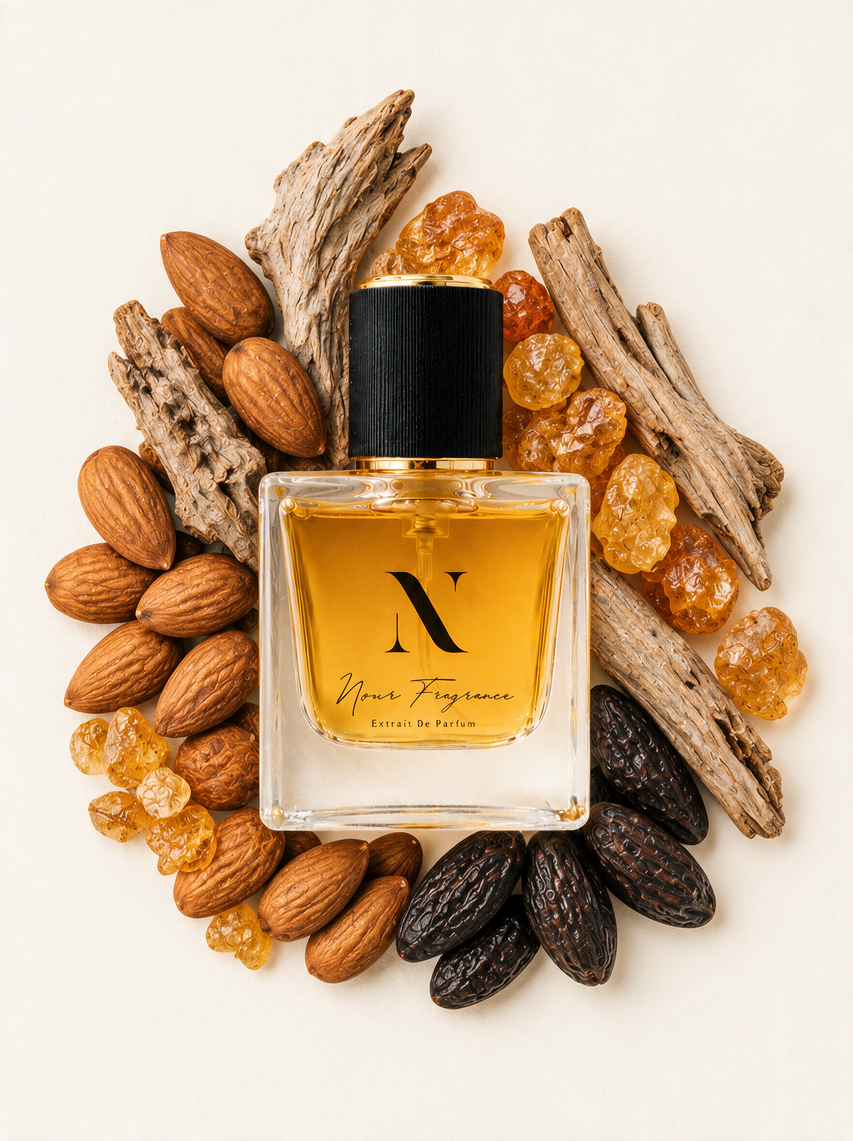 Ideal 02 Extrait de Parfum Flatlay mit Mandeln, Holz und Amber