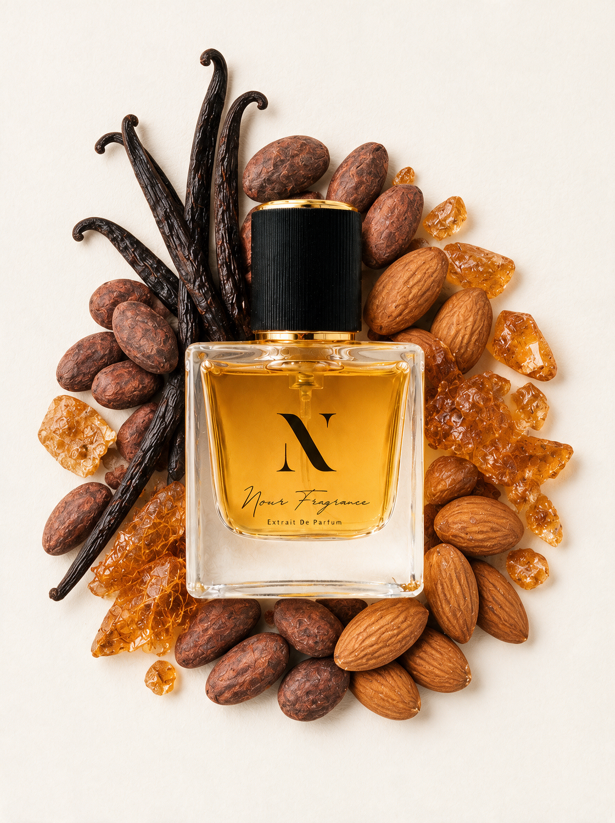 Kirke 01 Extrait de Parfum Flatlay mit Vanille, Kakao und Karamell