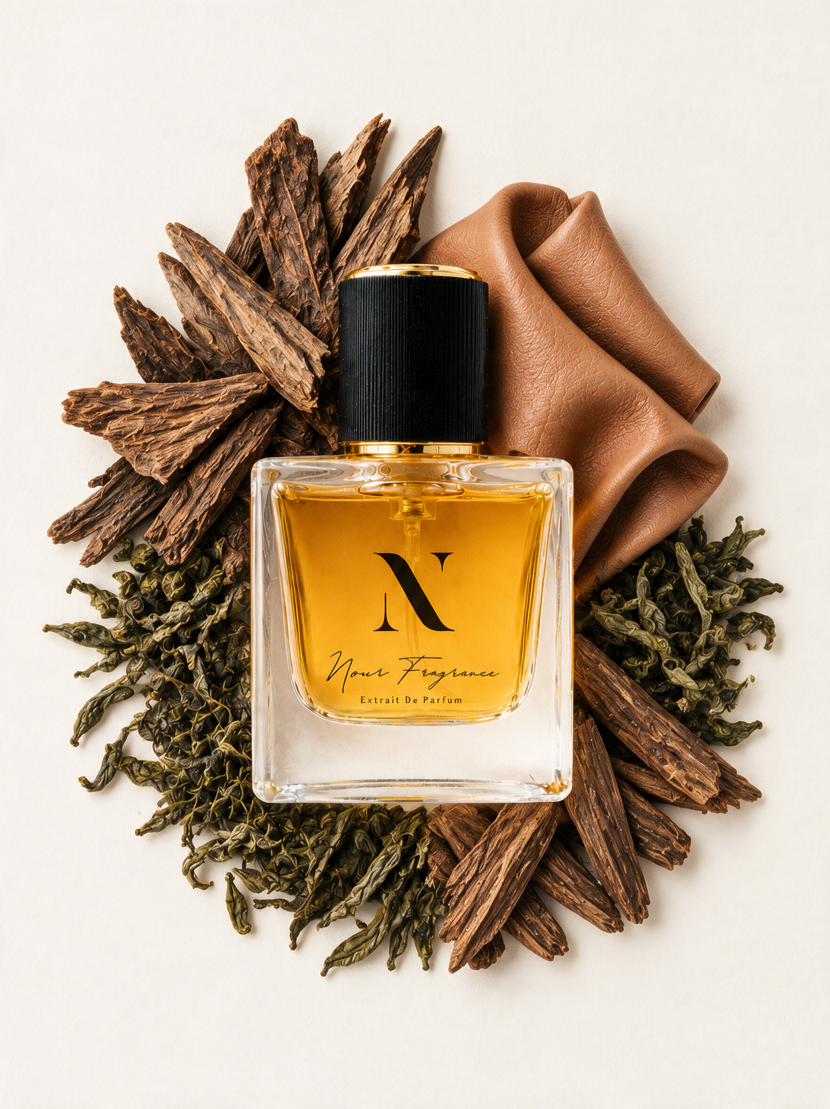 NF091 KINGOUD Extrait de Parfum Flatlay mit Oud, Leder und Tee