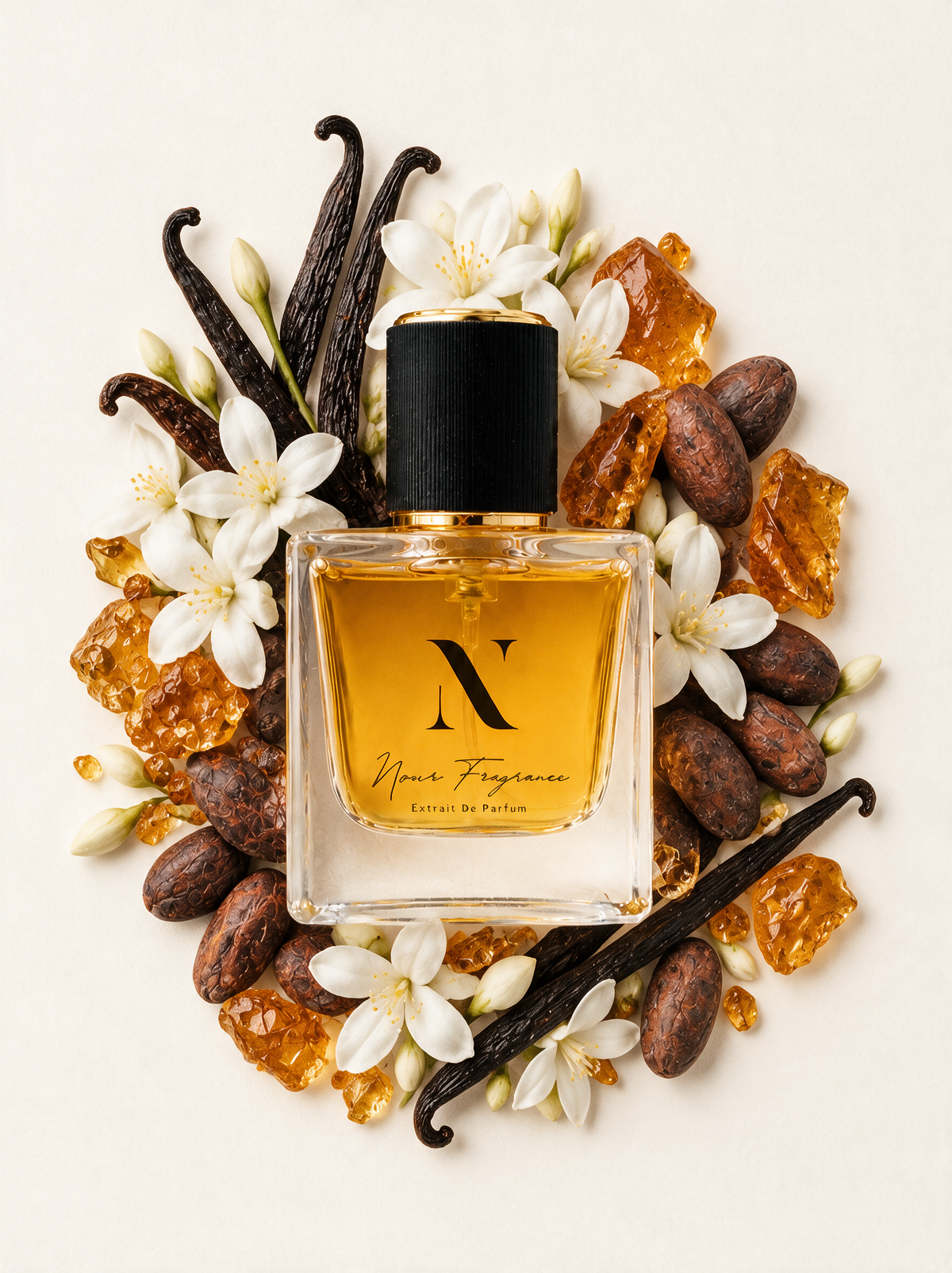 Manif 05 Extrait de Parfum Flatlay mit Vanille, Jasmin und Kakao