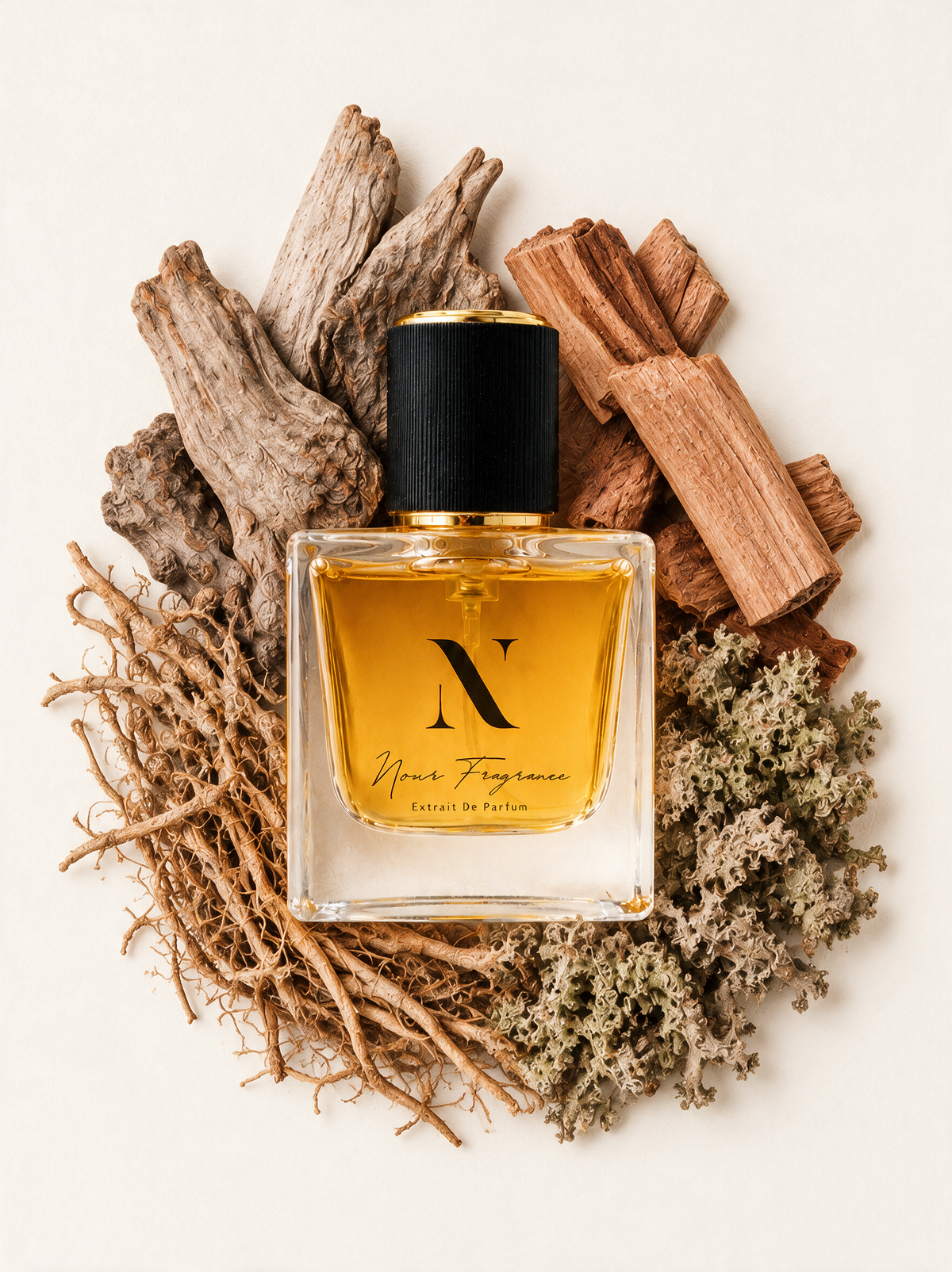 Leventus Extrait de Parfum Flatlay mit Holz, Zedernholz und Vetiver