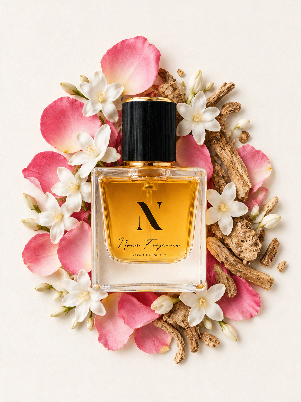 Lover 04 Extrait de Parfum Flatlay mit Rose, Jasmin und Iris