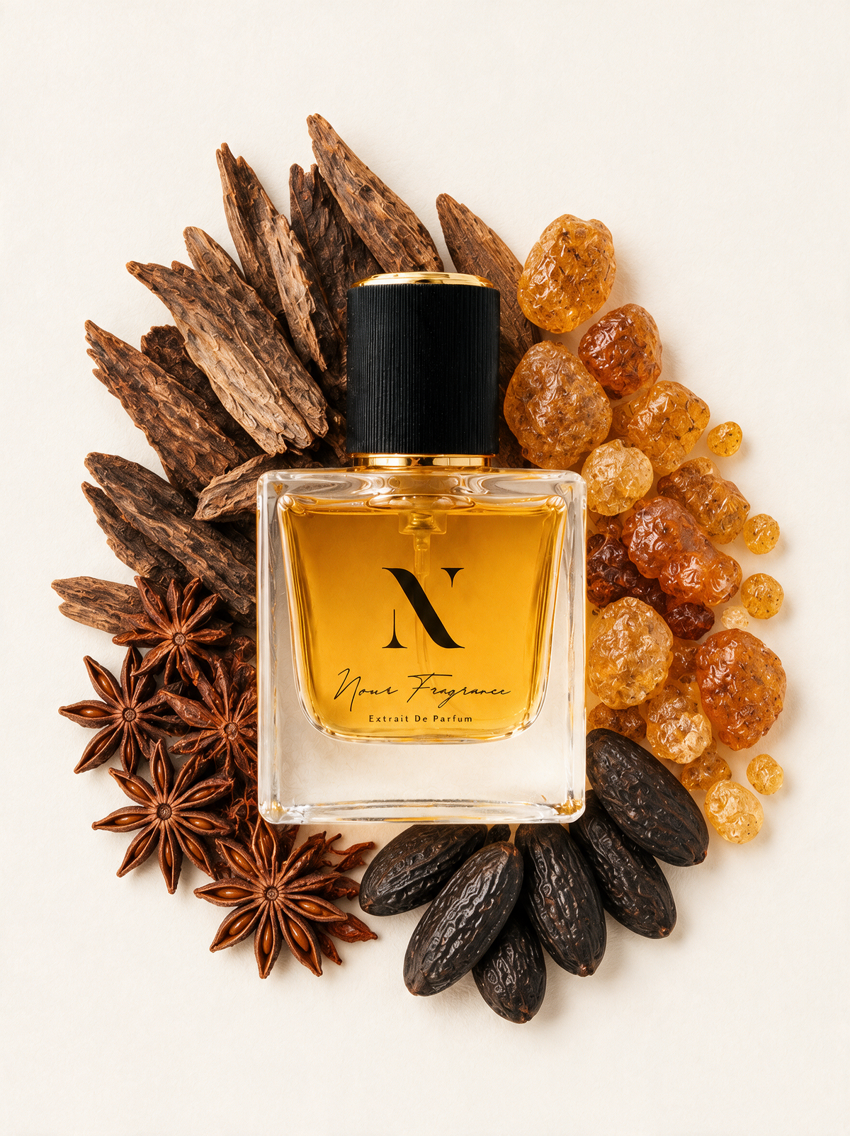 Londo 01 Extrait de Parfum Flatlay mit Oud, Amber und Tonka