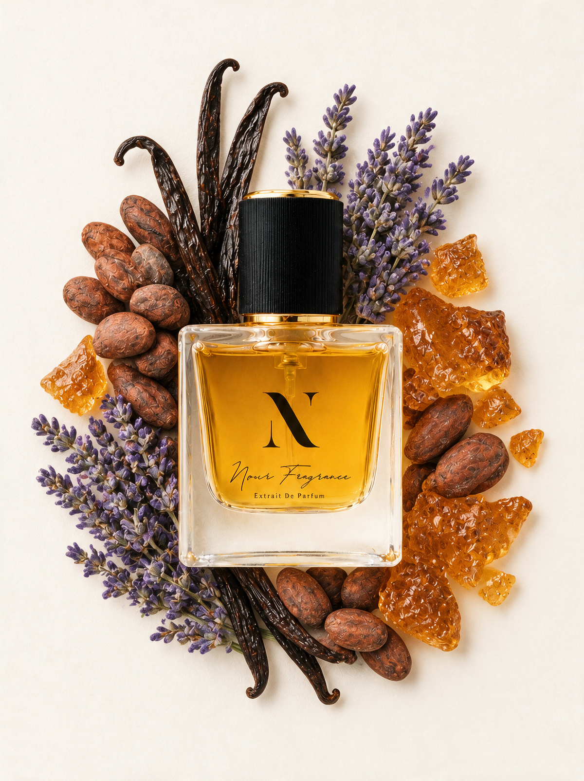 Lemal 01 Extrait de Parfum Flatlay mit Vanille, Lavendel und Kakao