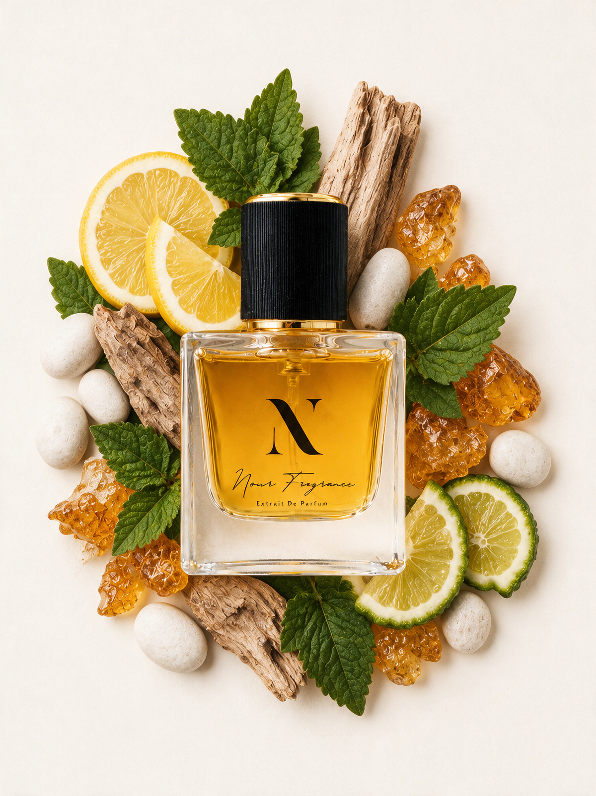 Lunabl 01 Extrait de Parfum Flatlay mit Zitrone, Holz und Patchouli