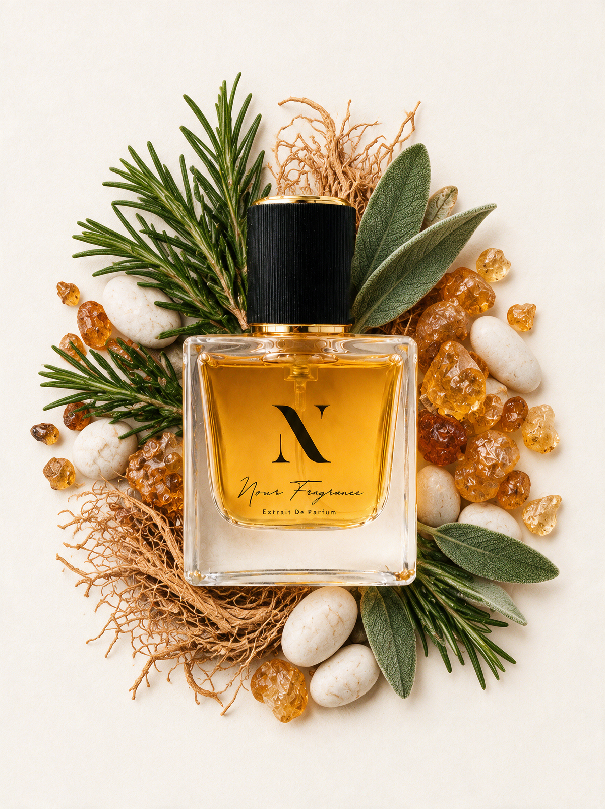 Manda 03 Extrait de Parfum Flatlay mit Salbei, Vetiver und Amber