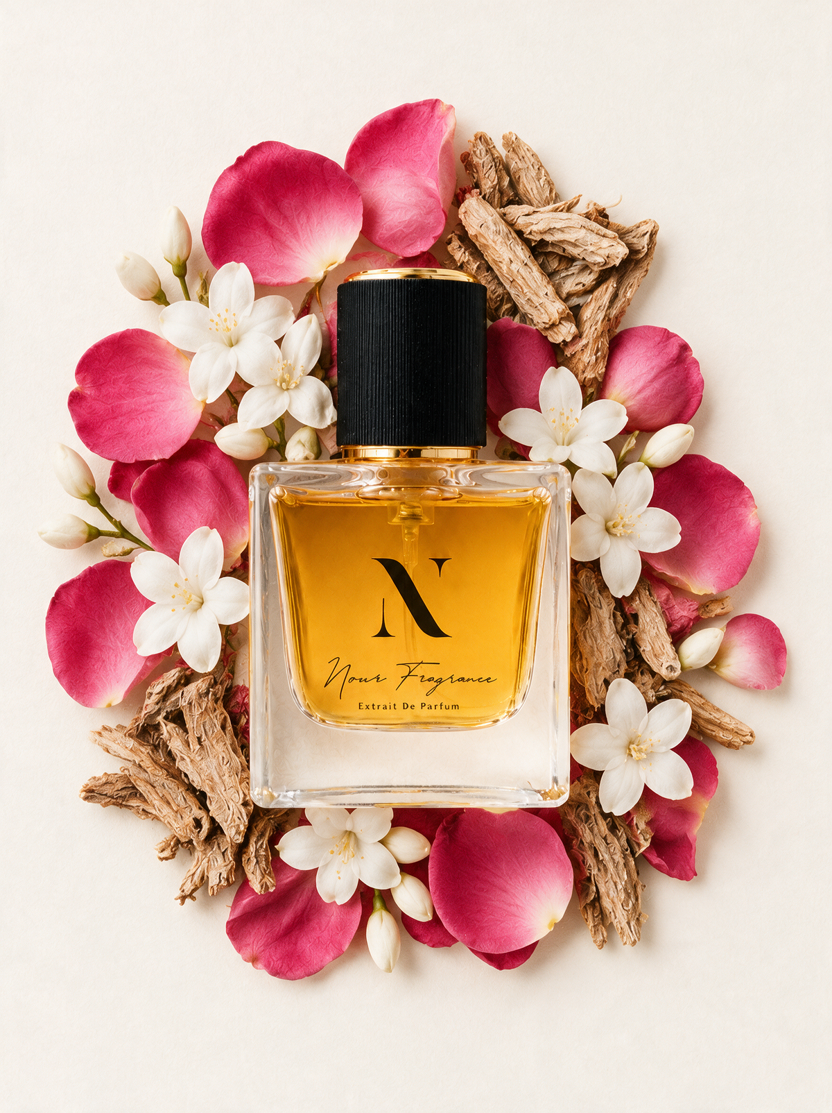 NF015 LIBERA Extrait de Parfum Flatlay mit Rose, Jasmin und Iris
