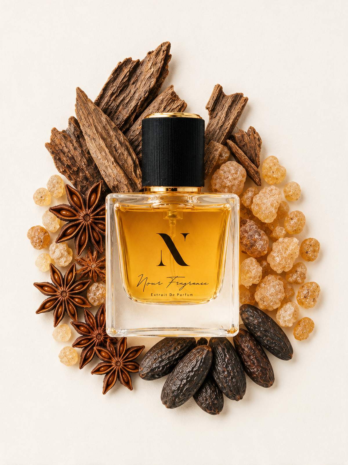 Morew 09 Extrait de Parfum Flatlay mit Oud, Weihrauch und Tonka
