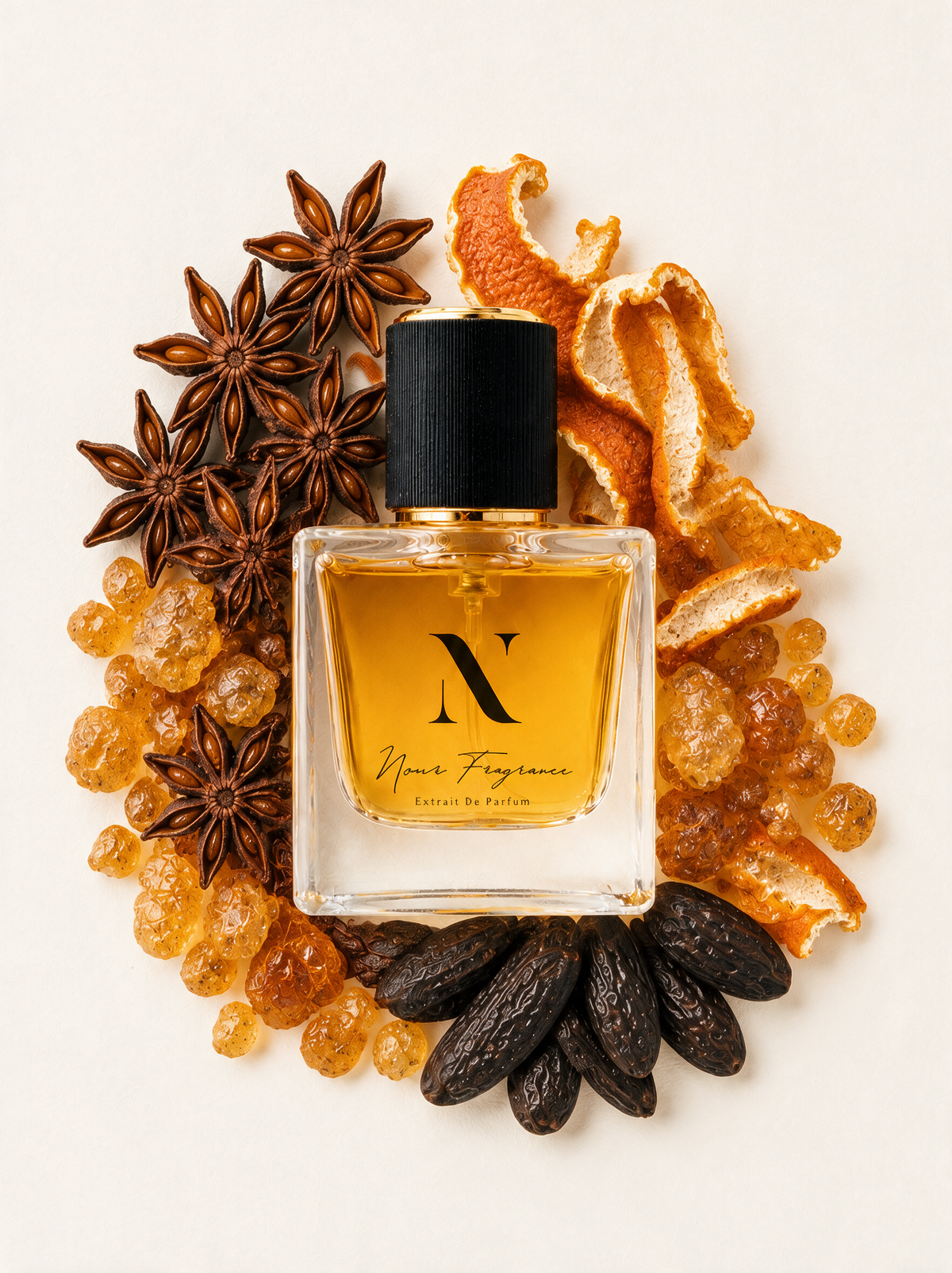 Nuit 01 Extrait de Parfum Flatlay mit Amber, Tonka und Sternanis