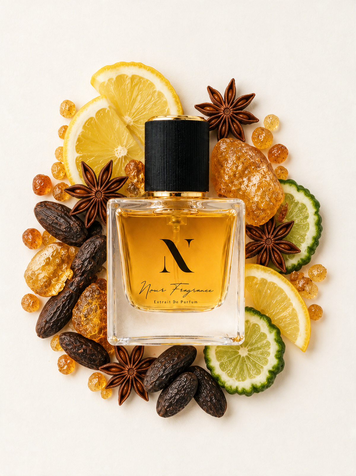 Orange Laming Extrait de Parfum Flatlay mit Zitrone, Amber und Tonka