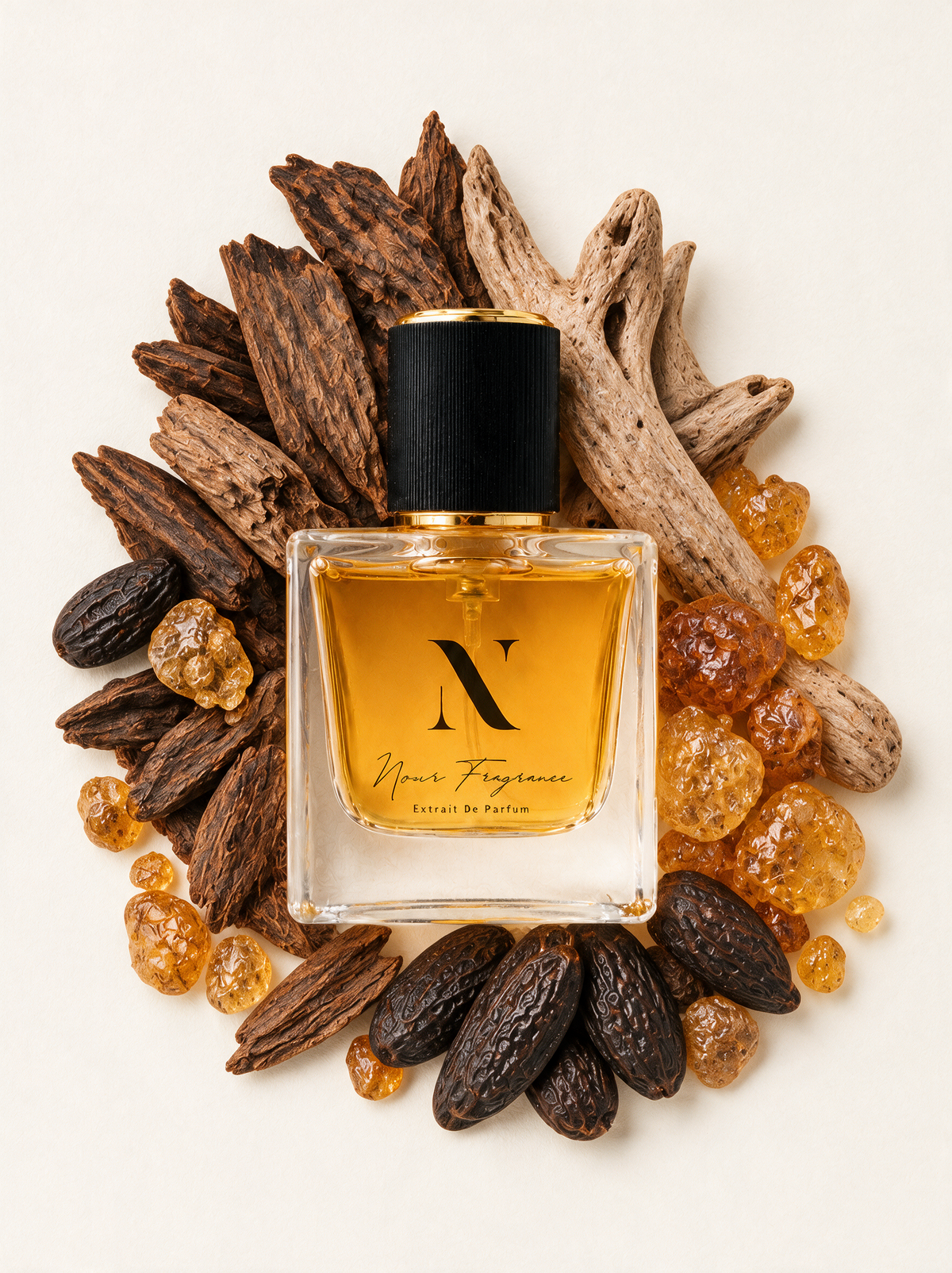 Oudma 04 Extrait de Parfum Flatlay mit Oud, Holz und Amber