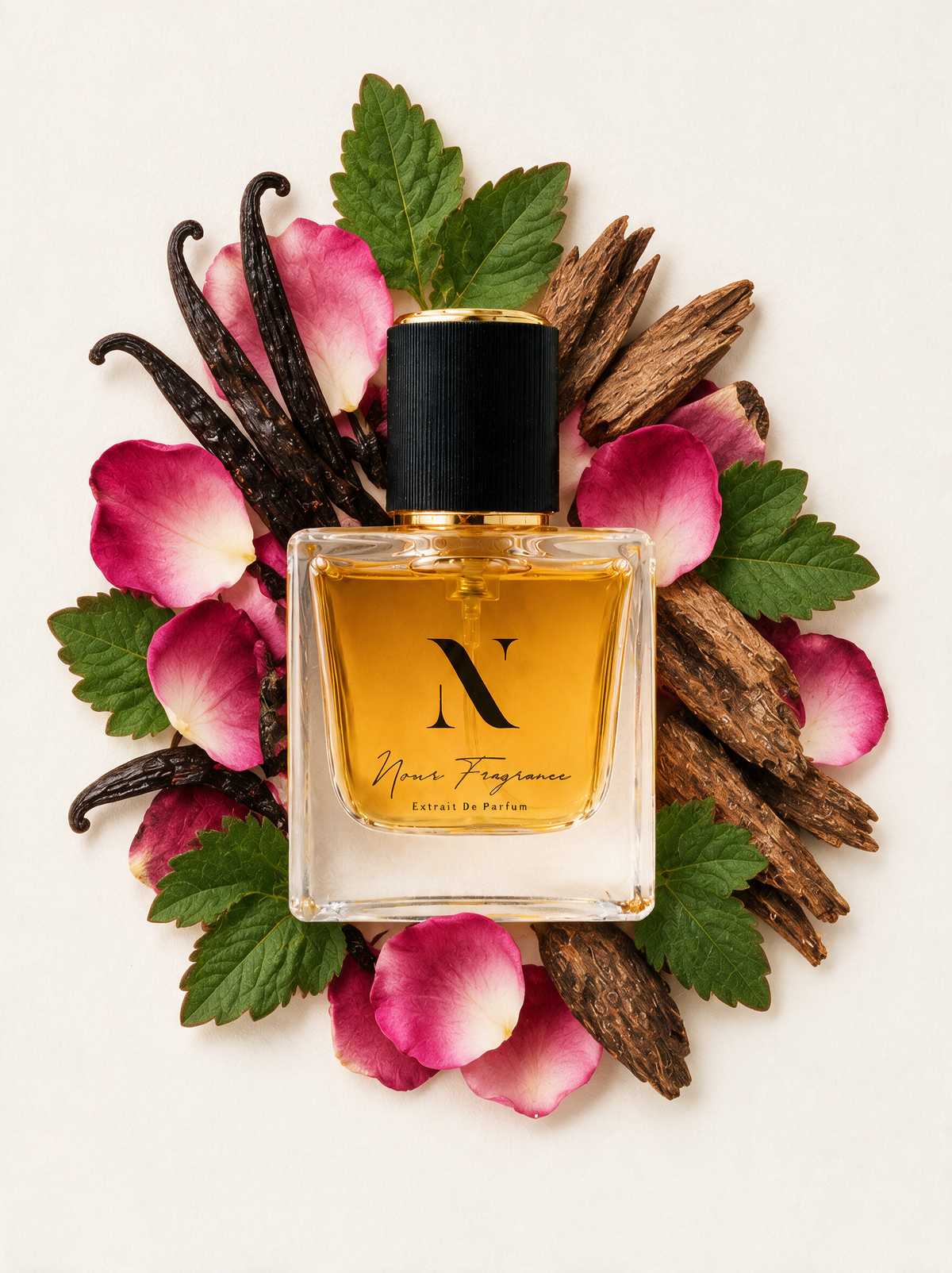 Noird 04 Extrait de Parfum Flatlay mit Vanille, Rose und Oud