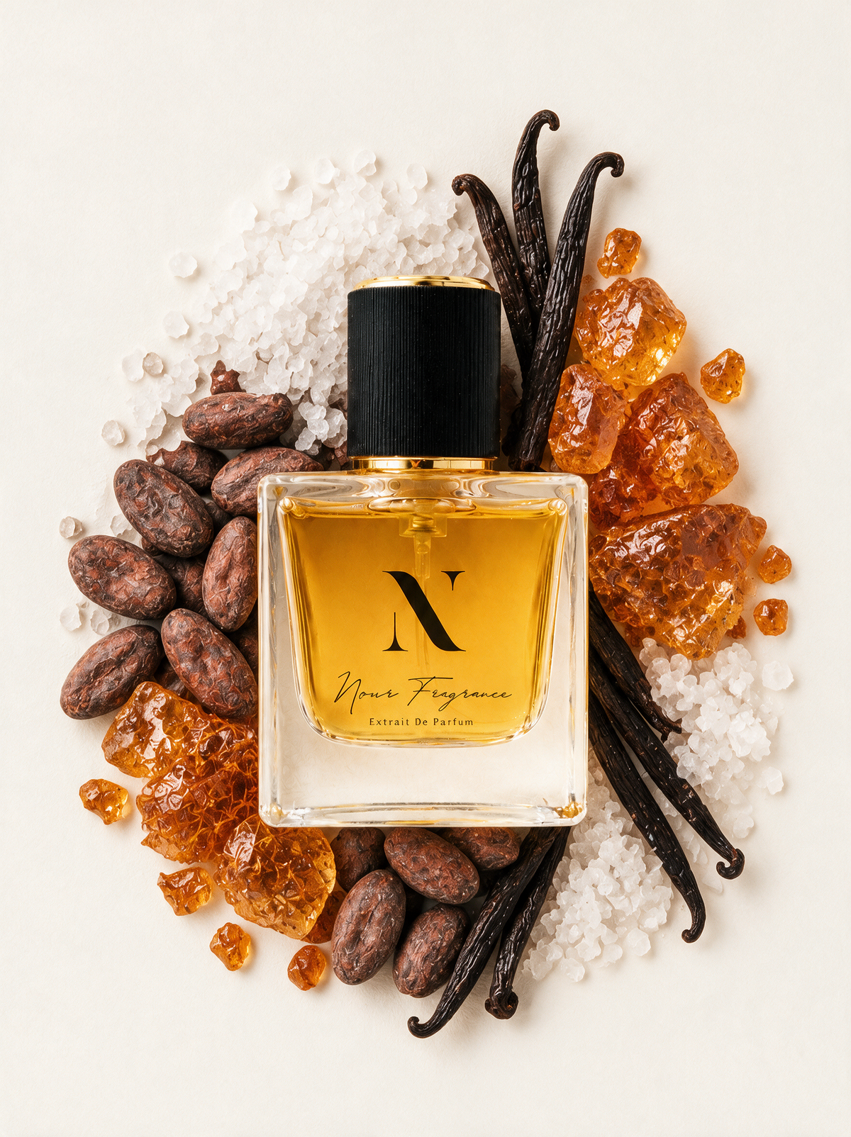 Olymp 03 Extrait de Parfum Flatlay mit Meersalz, Vanille und Kakao