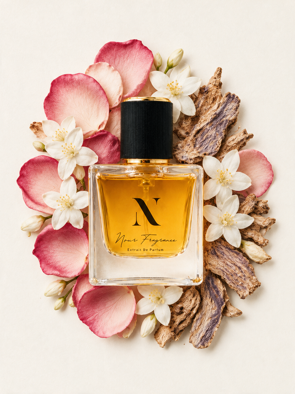 Myway 04 Extrait de Parfum Flatlay mit Rose, Jasmin und Iris
