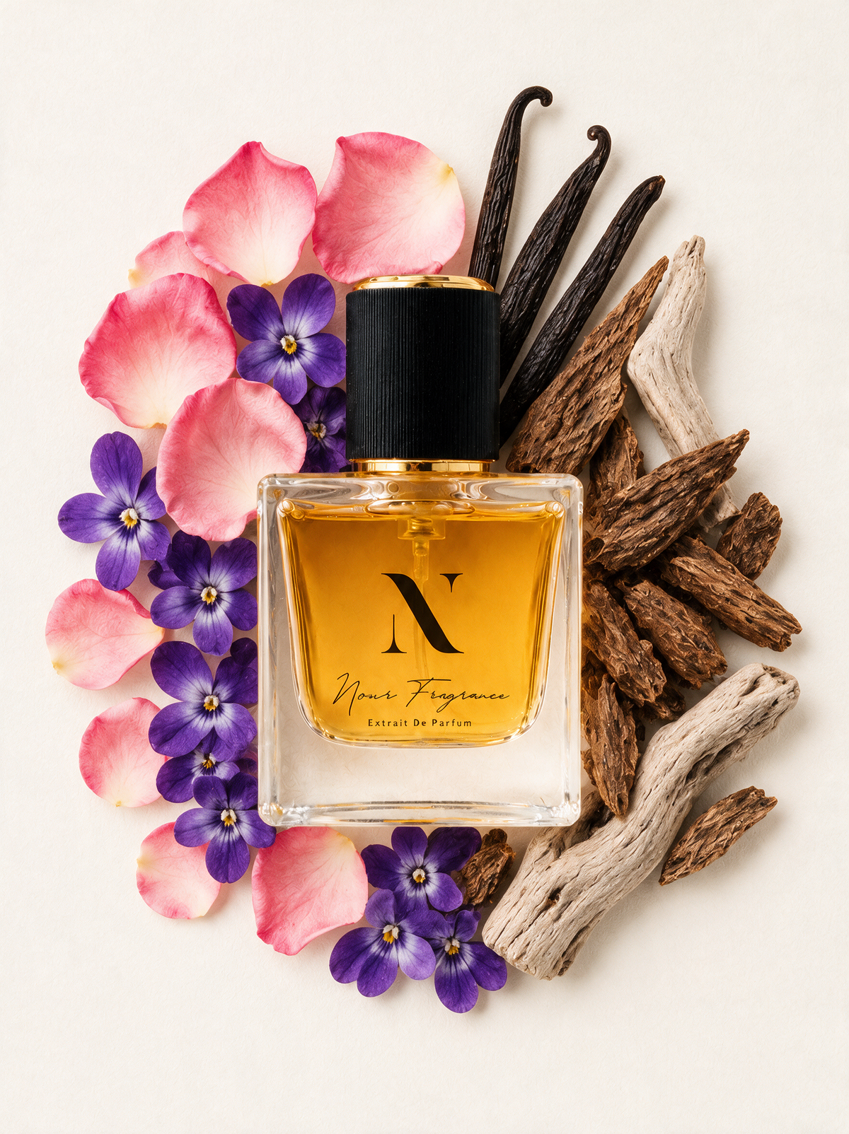 Oudsam 02 Extrait de Parfum Flatlay mit Vanille, Rose und Veilchen
