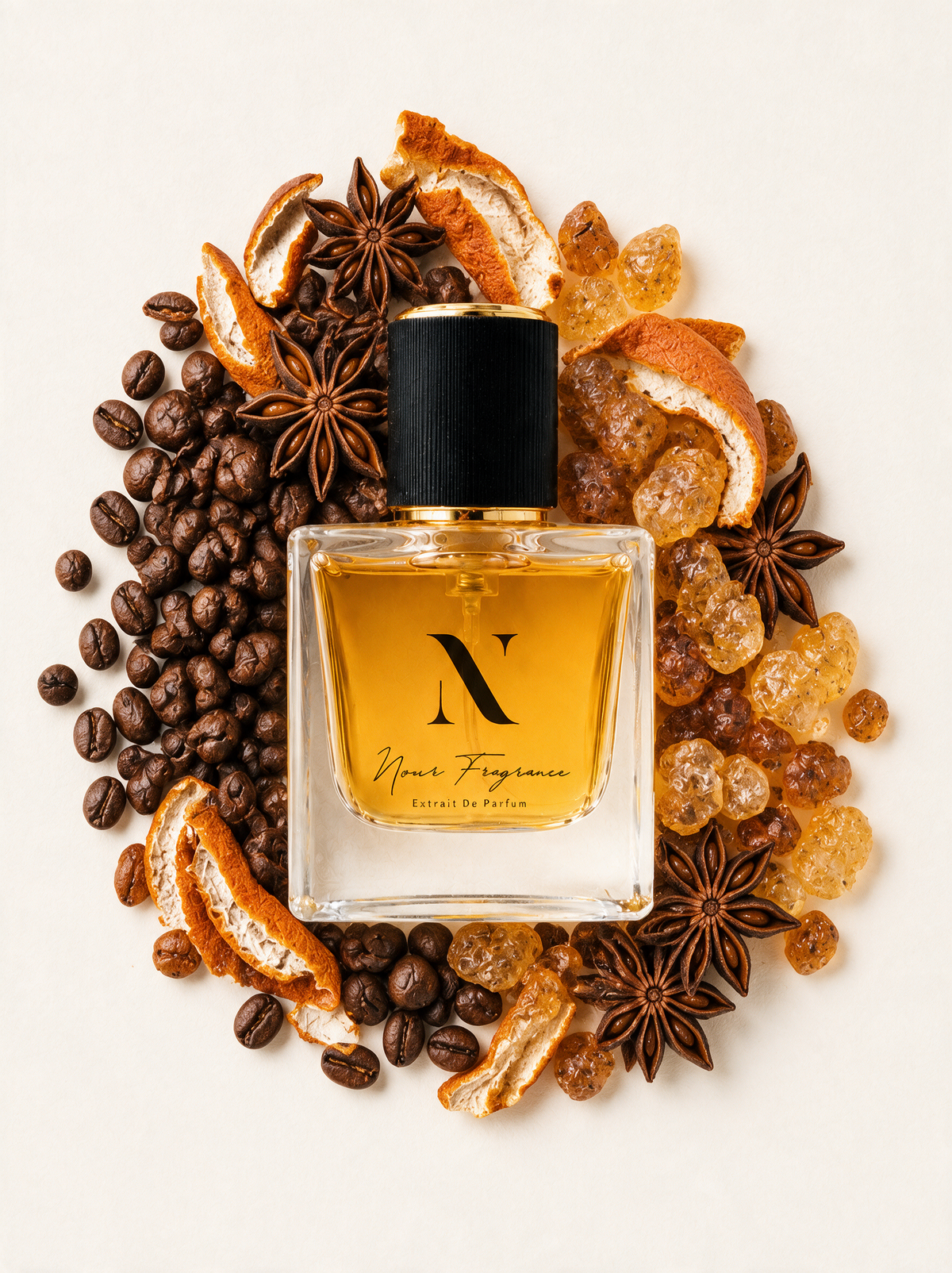 Opium 03 Extrait de Parfum Flatlay mit Kaffee, Amber und Sternanis