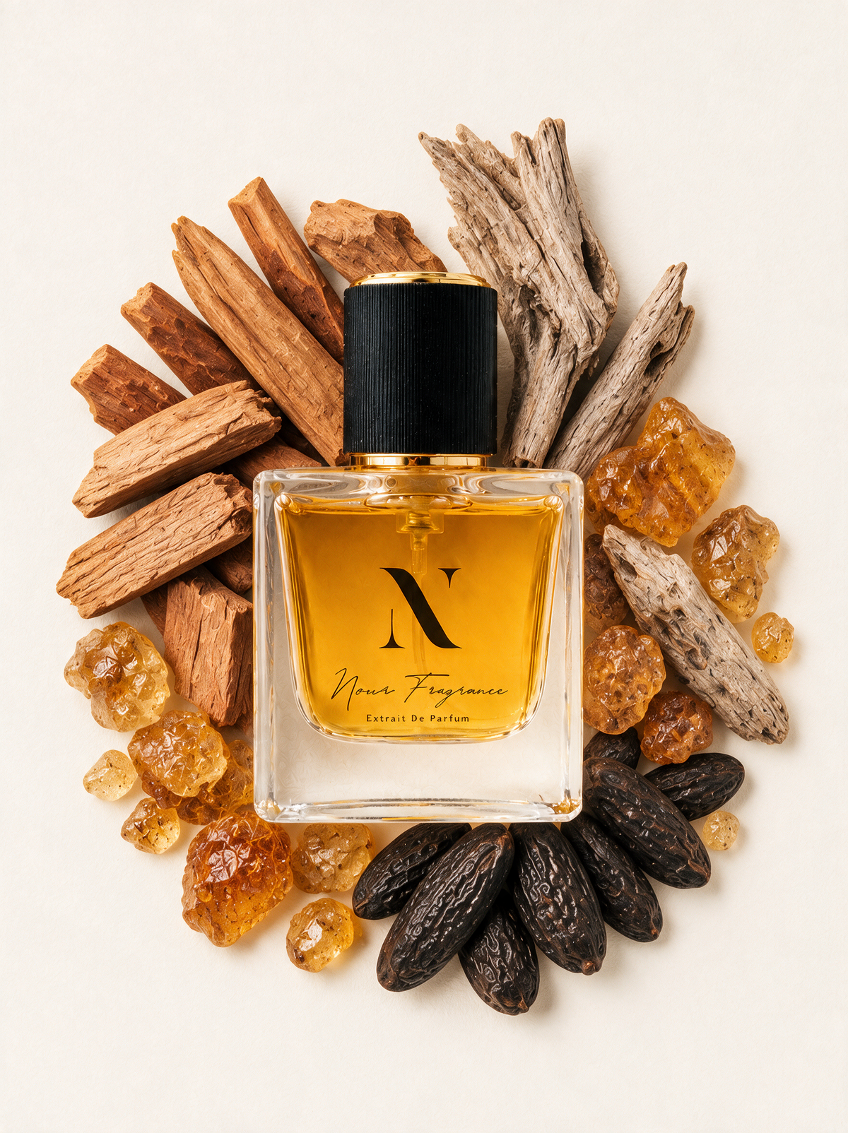 Richw 12 Extrait de Parfum Flatlay mit Sandelholz, Holz und Amber