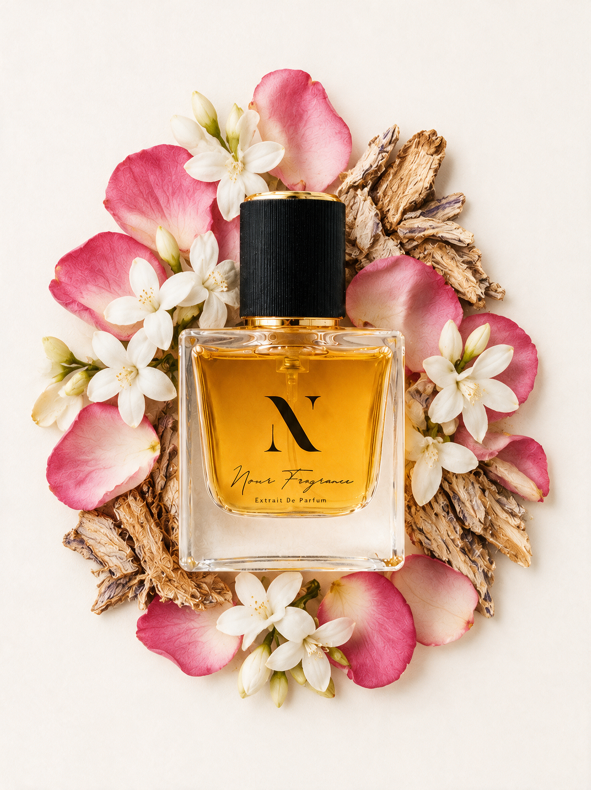 Parad 02 Extrait de Parfum Flatlay mit Rose, Jasmin und Iris