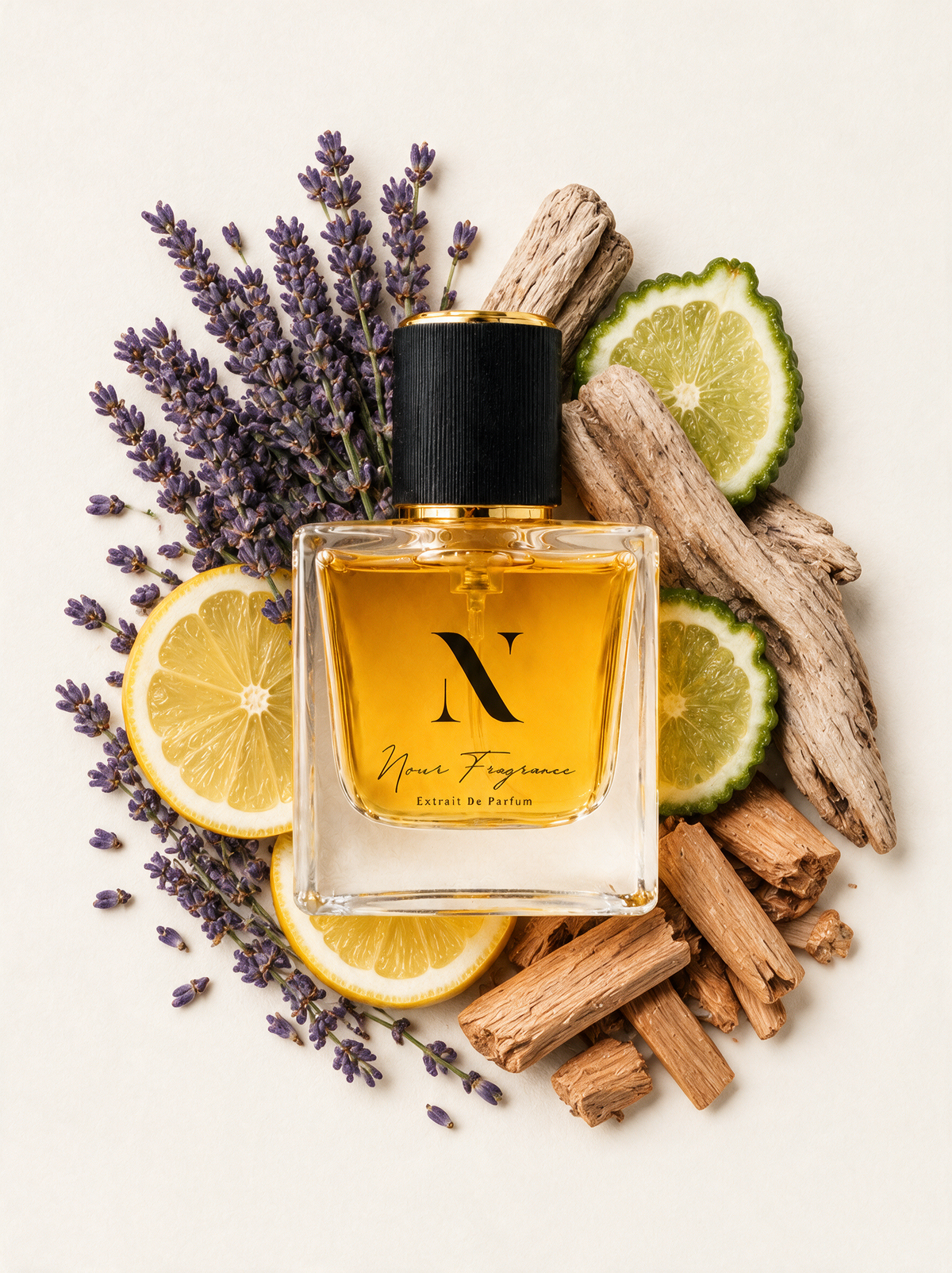 Rehab 03 Extrait de Parfum Flatlay mit Lavendel, Zitrone und Sandelholz