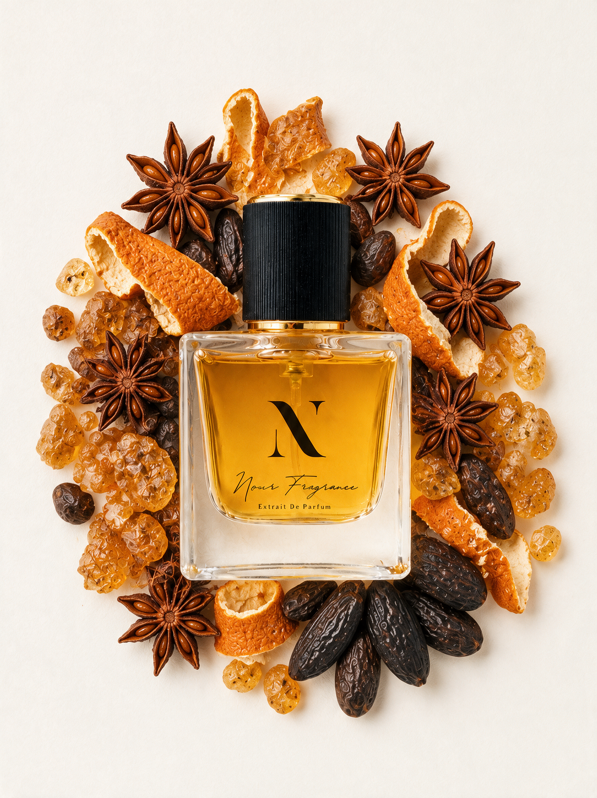 Robe 03 Extrait de Parfum Flatlay mit Amber, Tonka und Sternanis